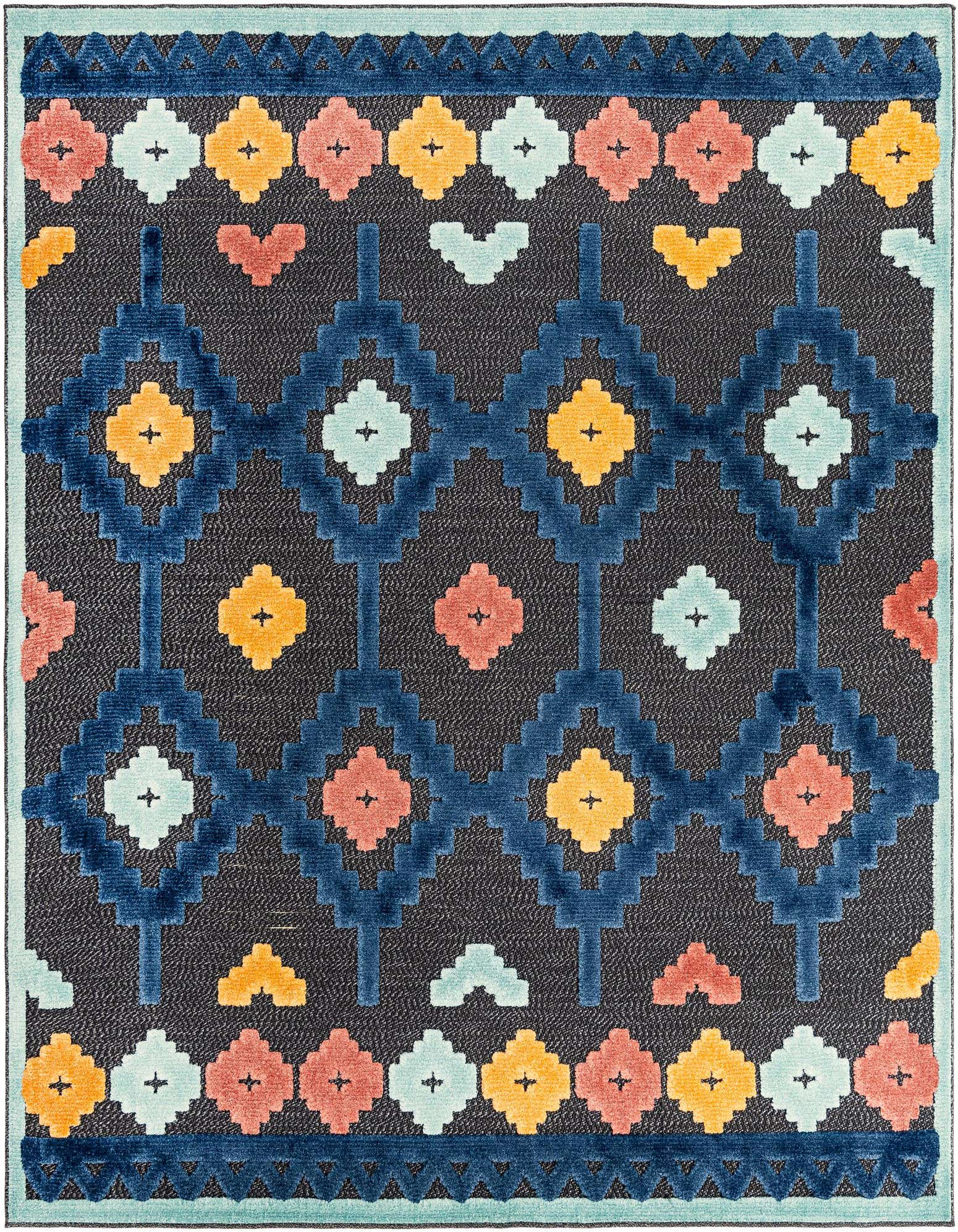 A square black and gray outdoor rug with a vibrant Bohemian tribal pattern in blue, coral, yellow, and light blue.