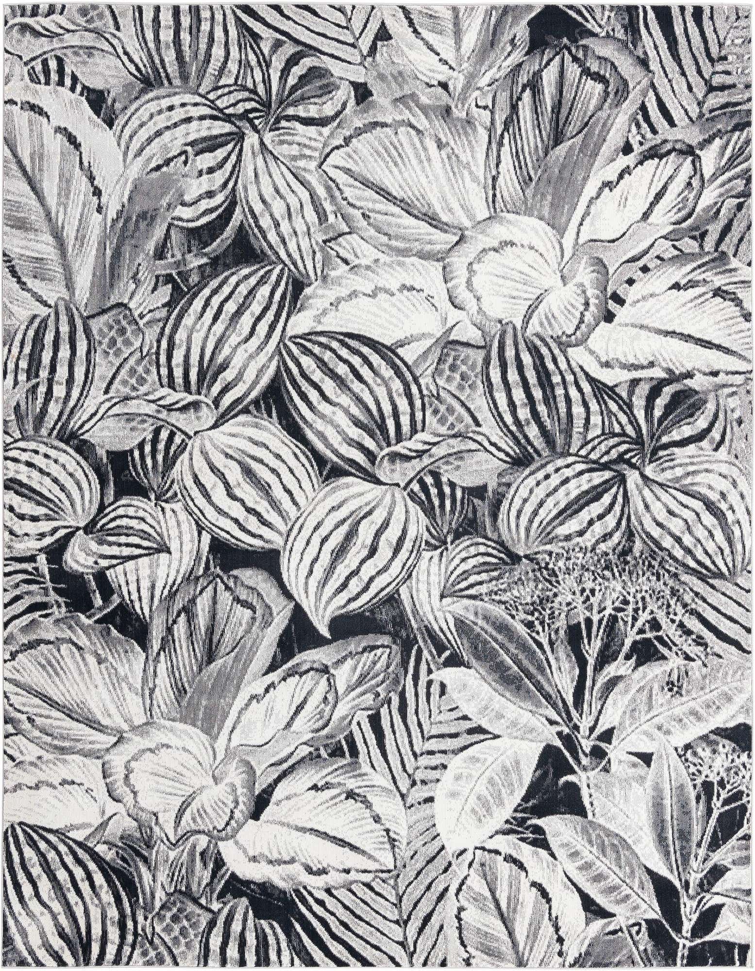 A 7' 10 x 7' 10 square black and gray botanical rug featuring large, detailed leaves and floral patterns, ideal for an indoor living space.