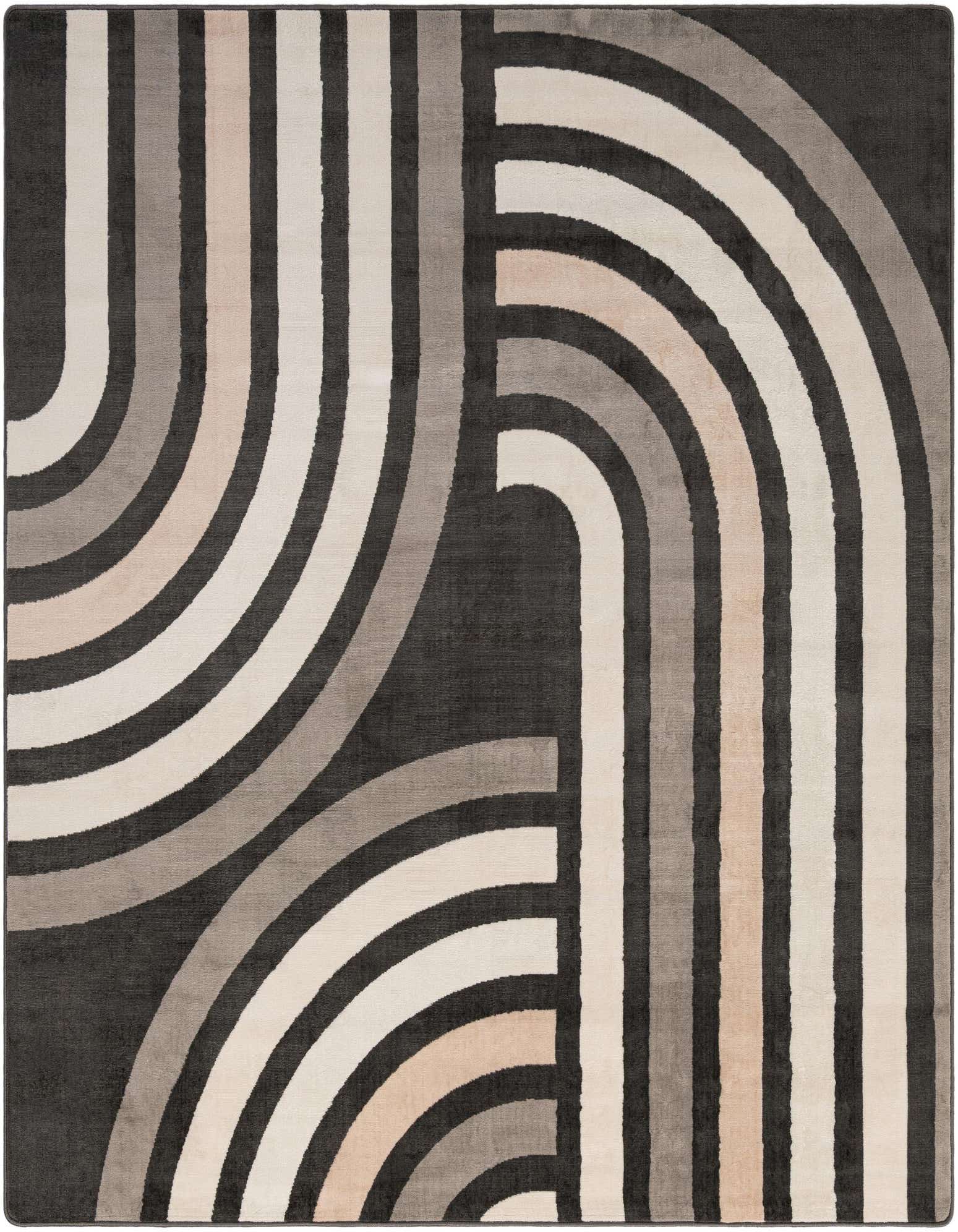 A square black rug with a modern abstract pattern of thick curved and straight bands in shades of gray, silver, and beige.