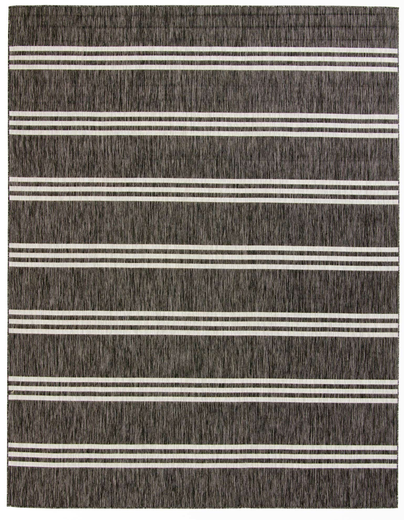 A 10' 8 x 10' 8 square Jill Zarin Outdoor rug featuring a modern black and gray textured stripe pattern.