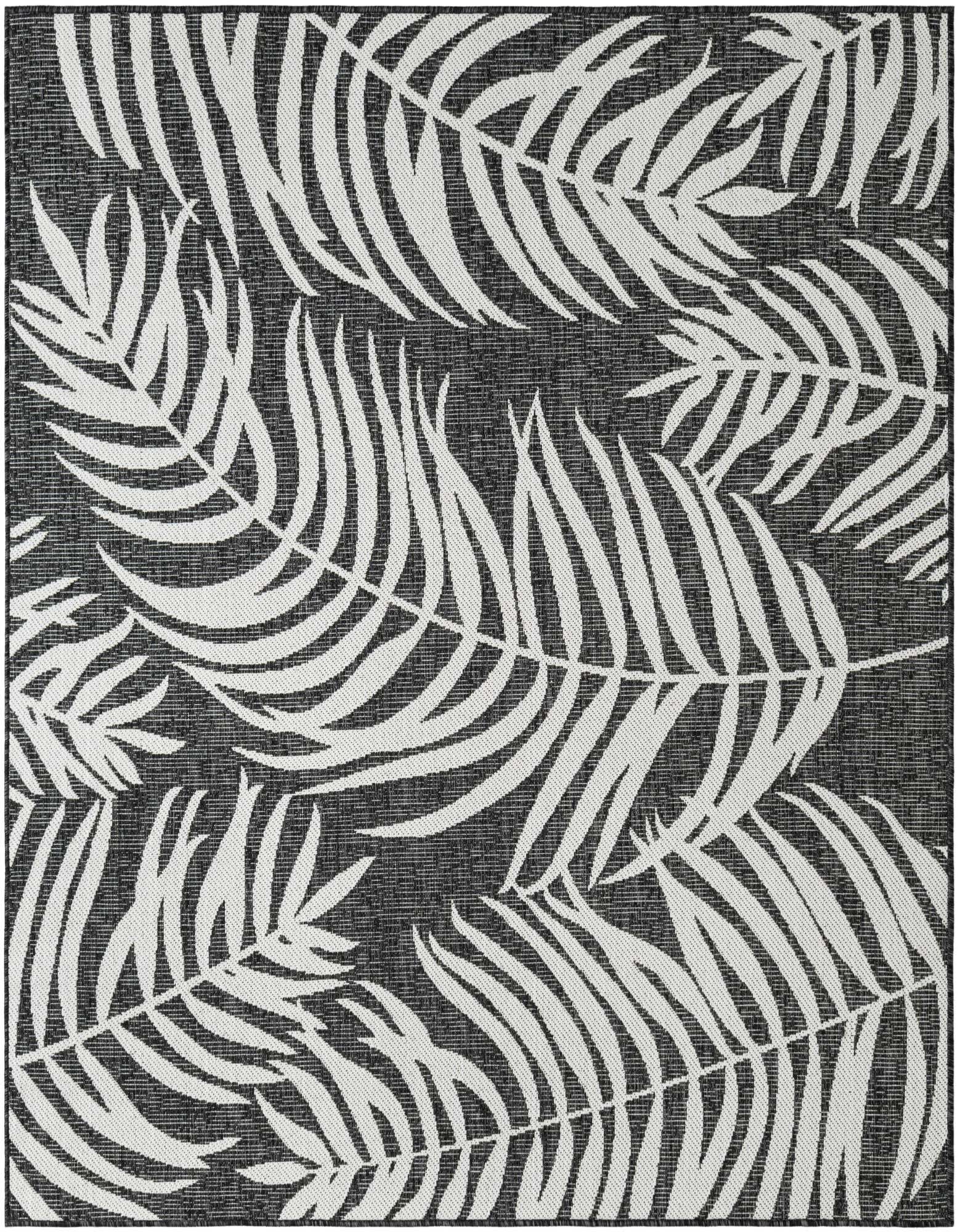 A 6'x6' square black and white botanical rug with a modern palm leaf pattern, suitable for indoor or outdoor use.
