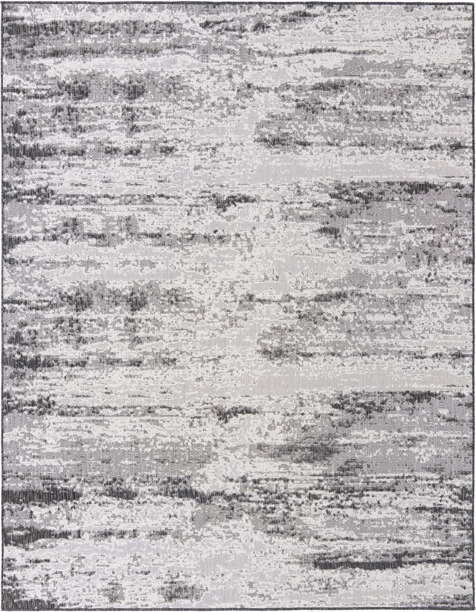 A 10'x10' square indoor/outdoor rug with a modern, textured pattern in shades of black, gray, and silver.