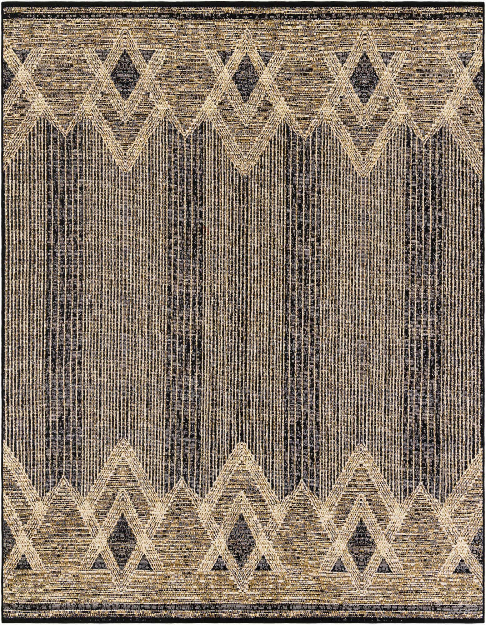 A square black and gold modern flatweave rug with a striped pattern and geometric diamond borders, suitable for indoor or outdoor use.