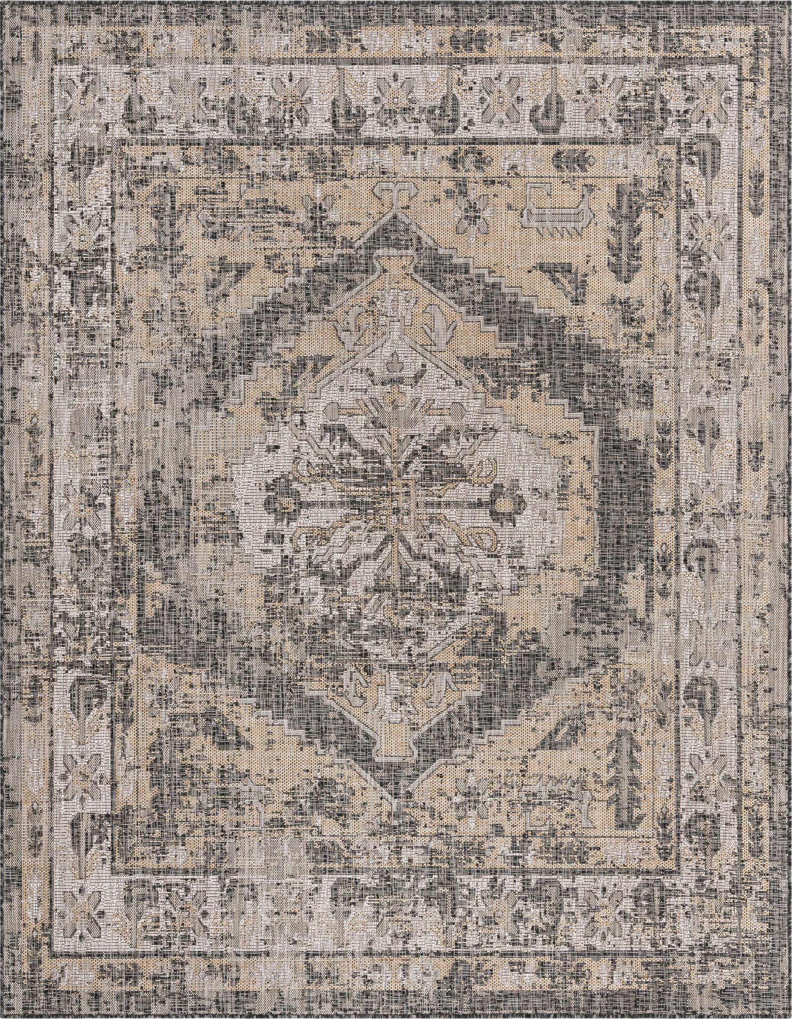 A 7'10" x 7'10" square indoor/outdoor rug with a distressed black and gray traditional Southwestern pattern on a beige background.