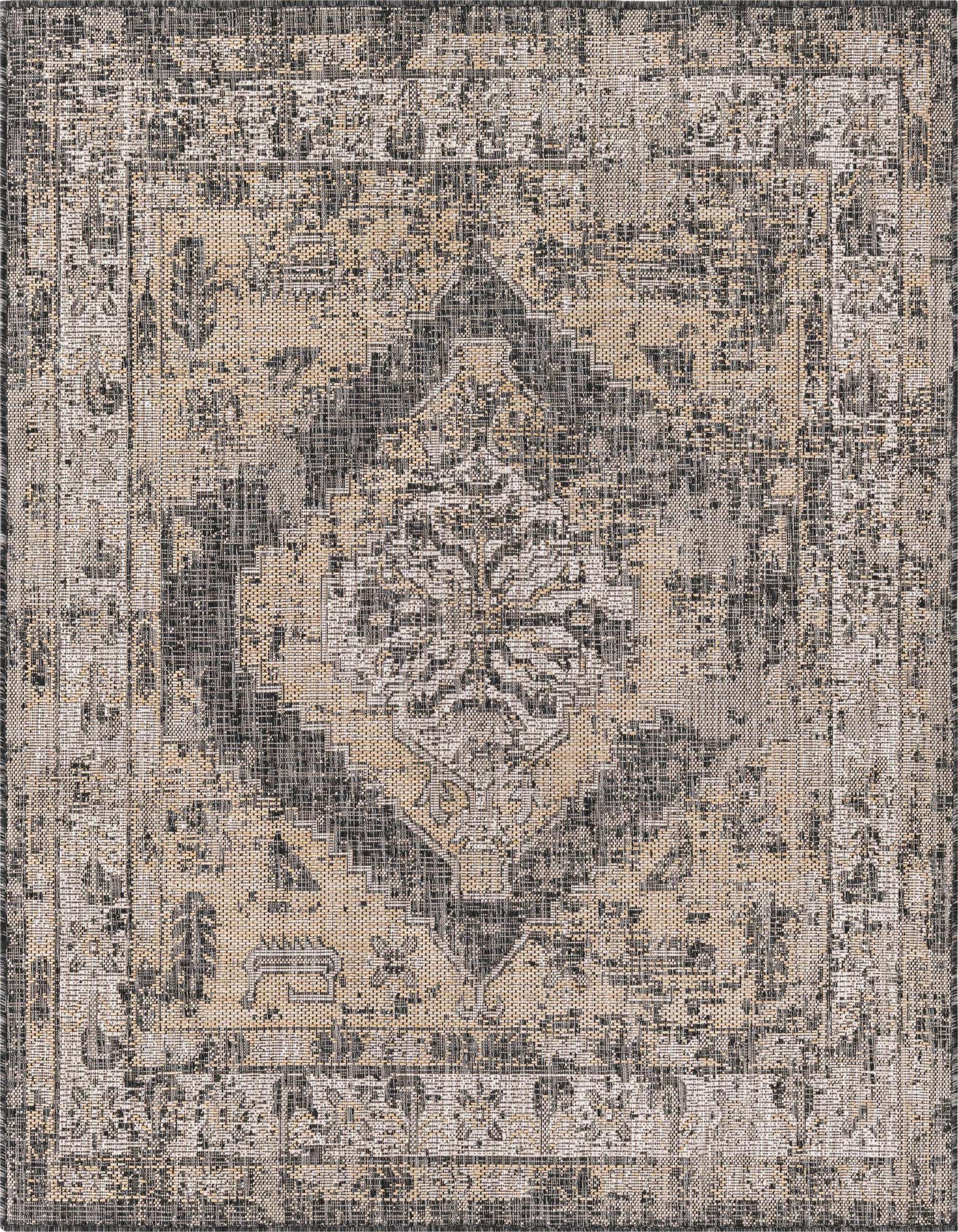 A square 5' 3 x 5' 3 black and gray Southwestern outdoor rug with a distressed traditional pattern.