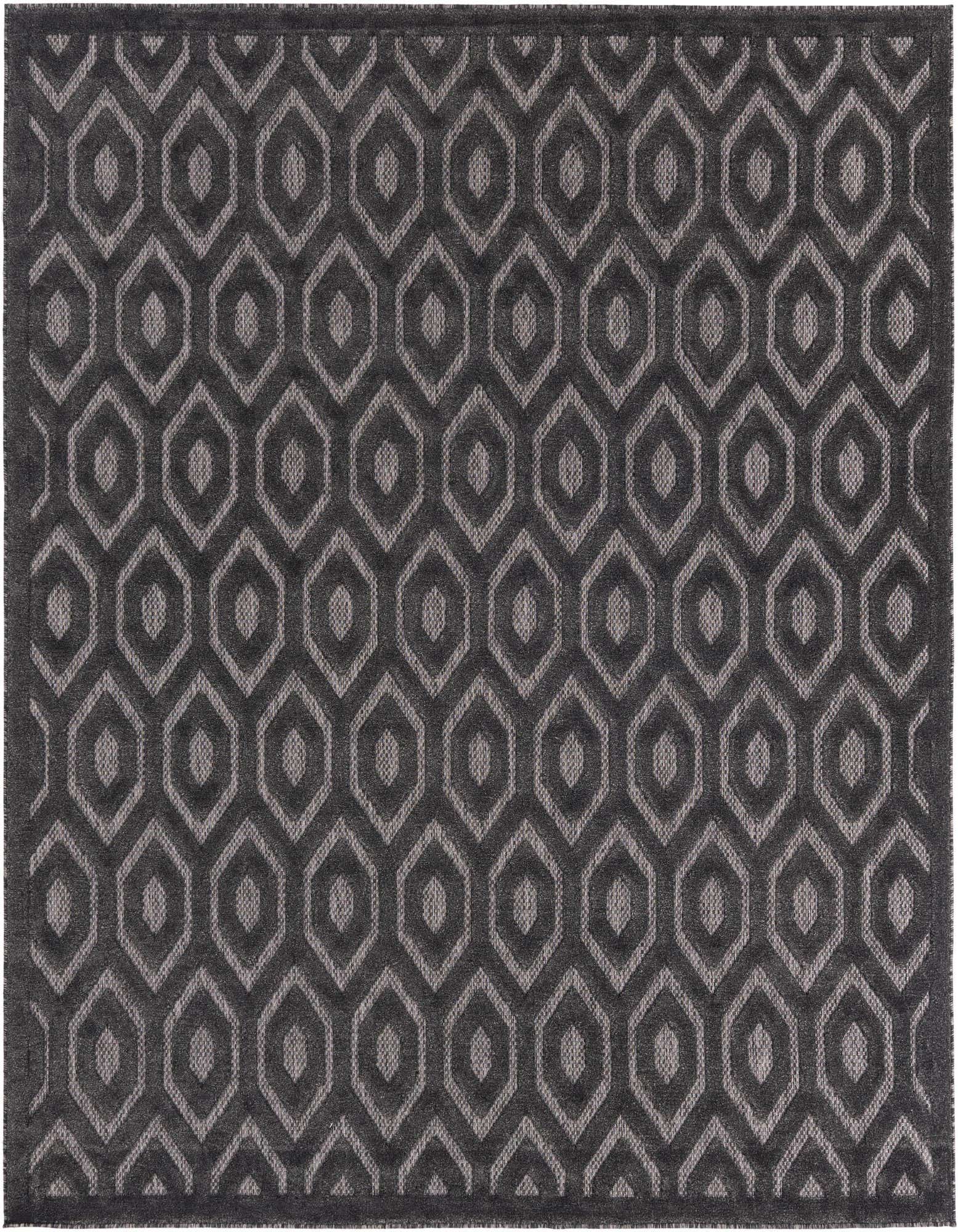 A 7' 10 x 7' 10 square black and gray modern outdoor rug with a repeating geometric honeycomb pattern.