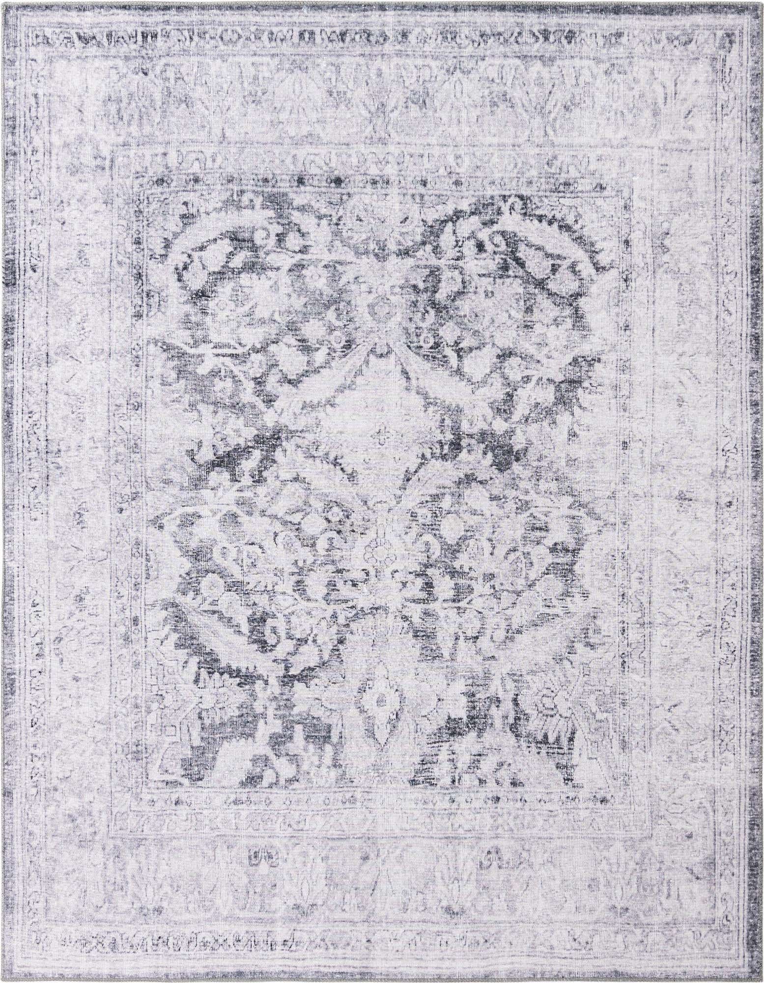 A square 7' 6 x 7' 6 black and gray traditional area rug with a faded vintage pattern and border.