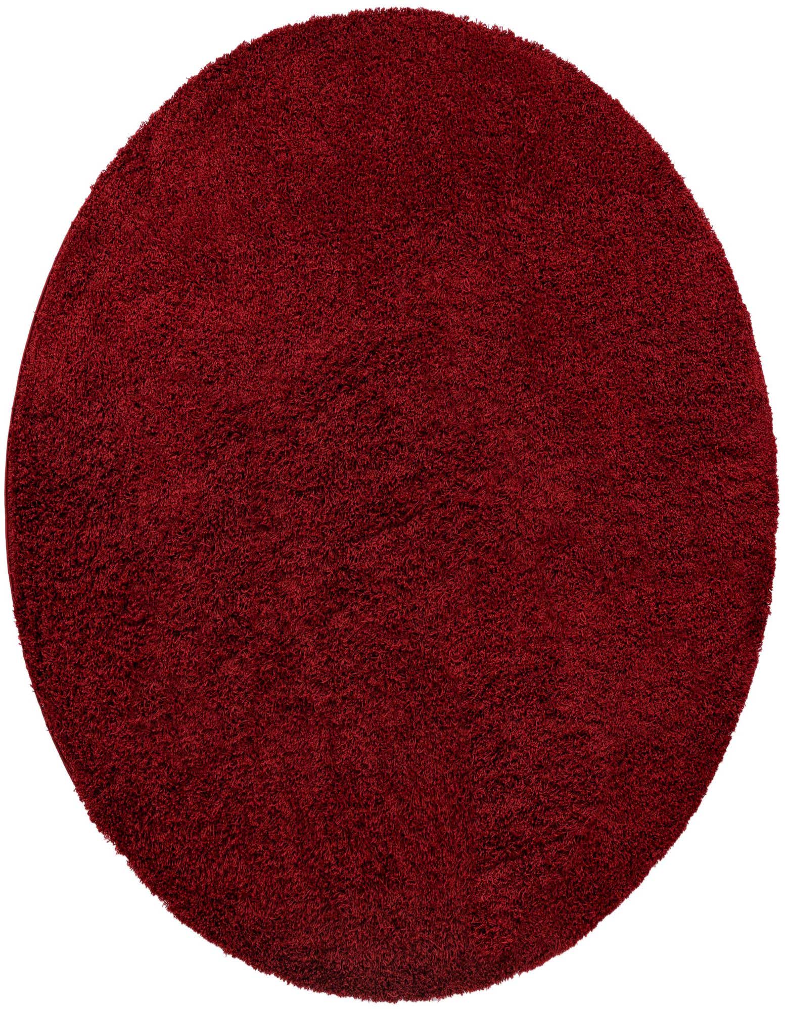 A large 10' 2" round red shag rug, made of soft polypropylene, shown against a white background.
