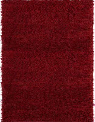 A long, rectangular 16 ft runner rug in a solid deep red color with a plush shag pile, ideal for a hallway.