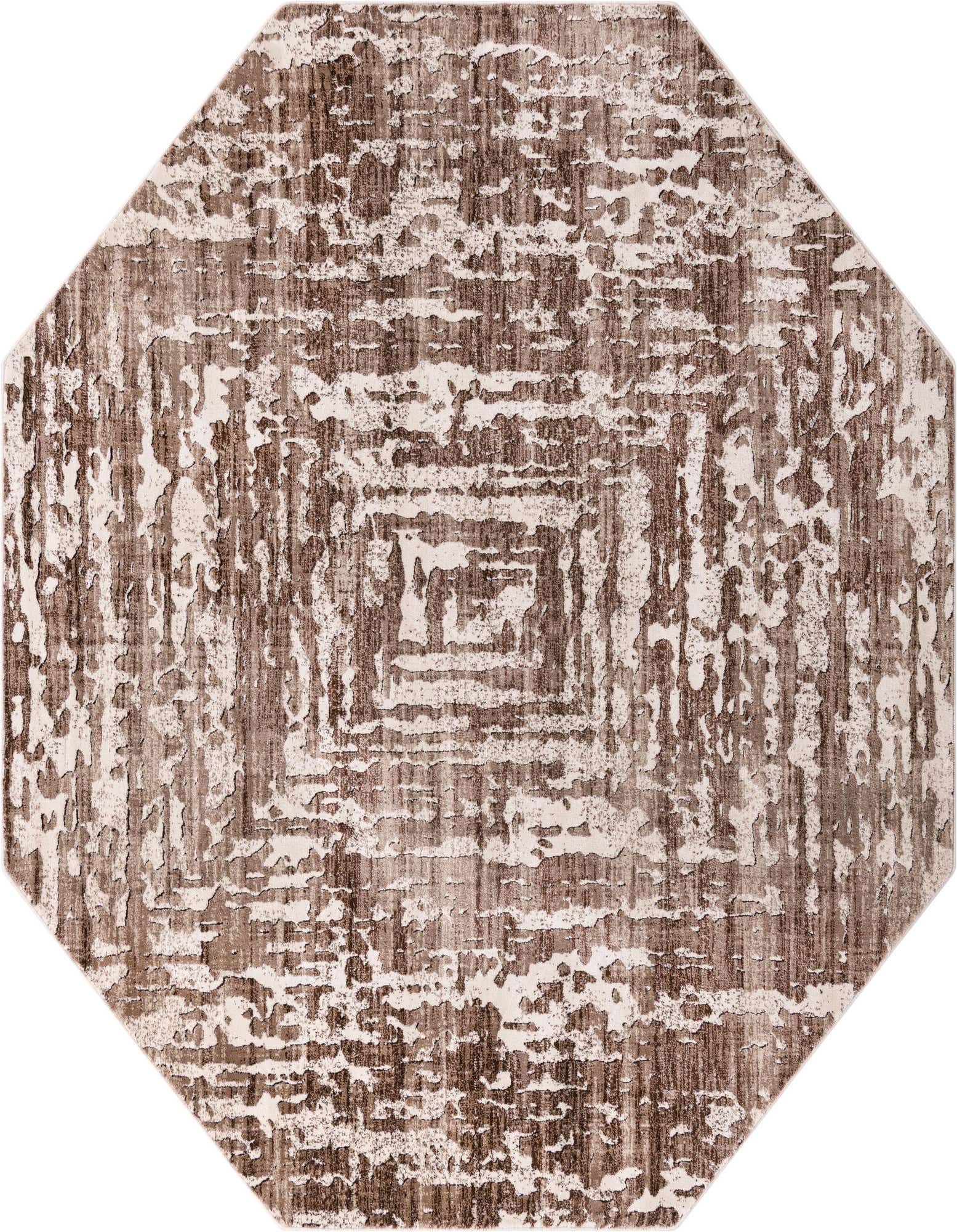 An octagon-shaped area rug featuring a modern, distressed stripe pattern in varying shades of brown and tan.