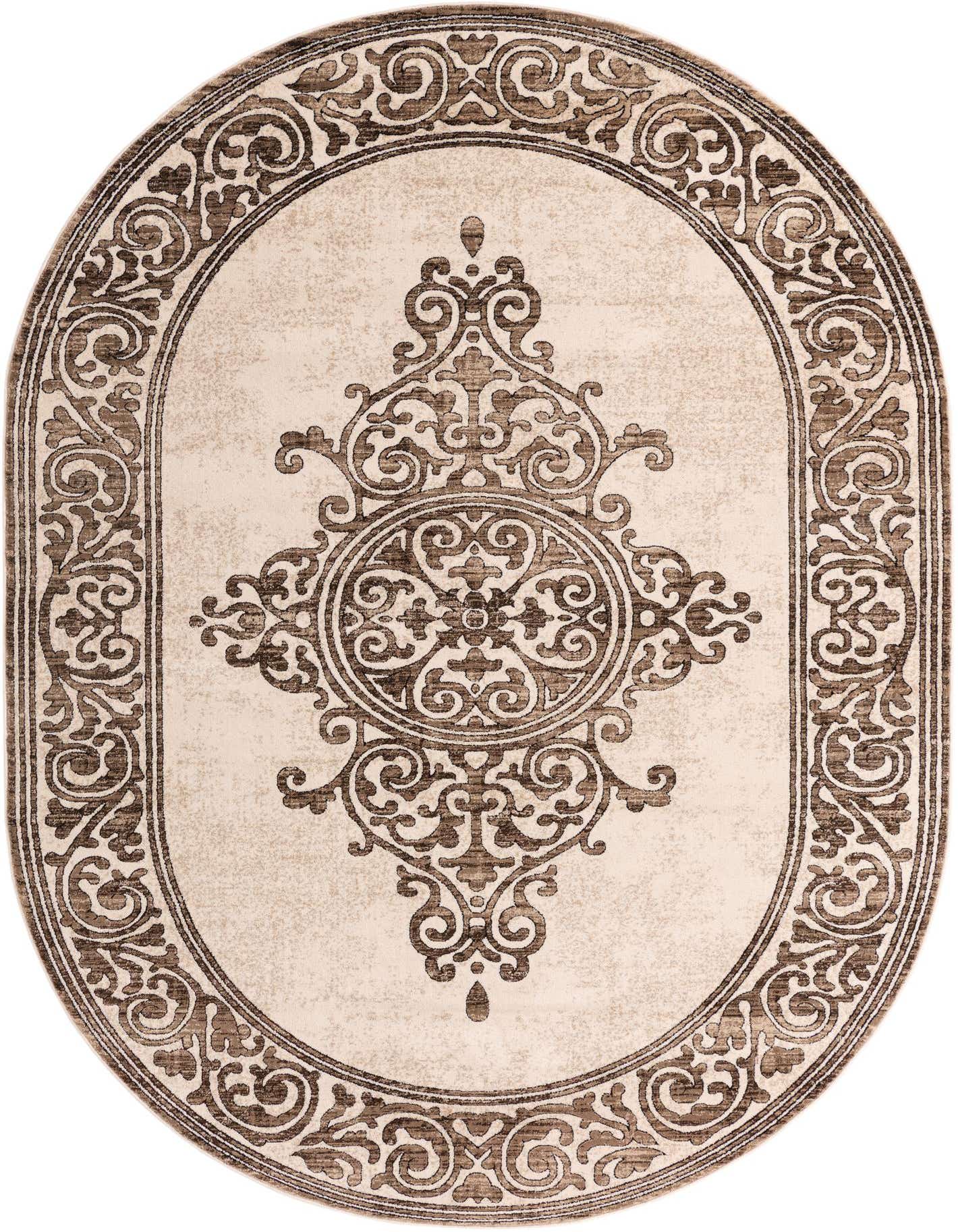 An oval 7' x 10' Hermitage rug in browns and tans with a traditional medallion pattern and ornate border.