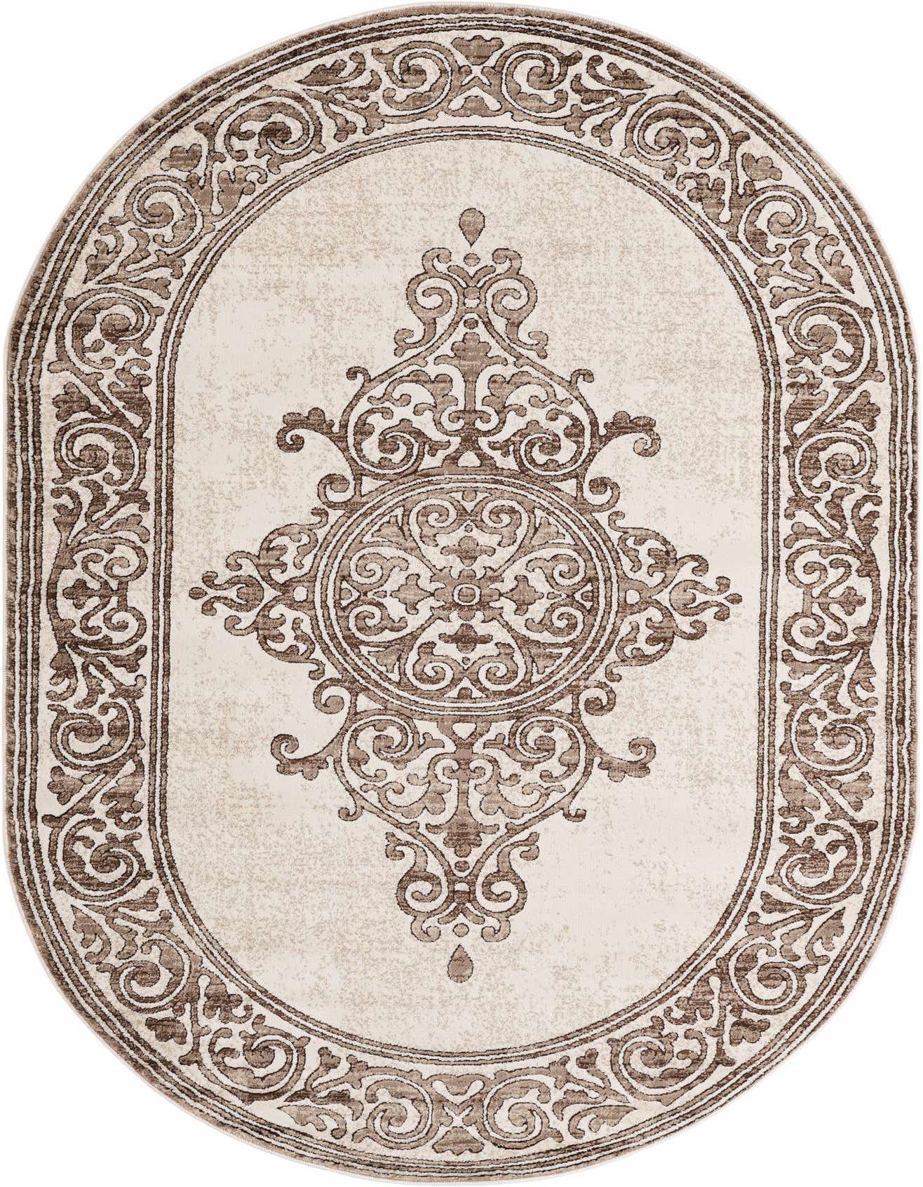 An oval 5'3" x 8'0" Hermitage rug in browns and tans with a traditional medallion pattern.