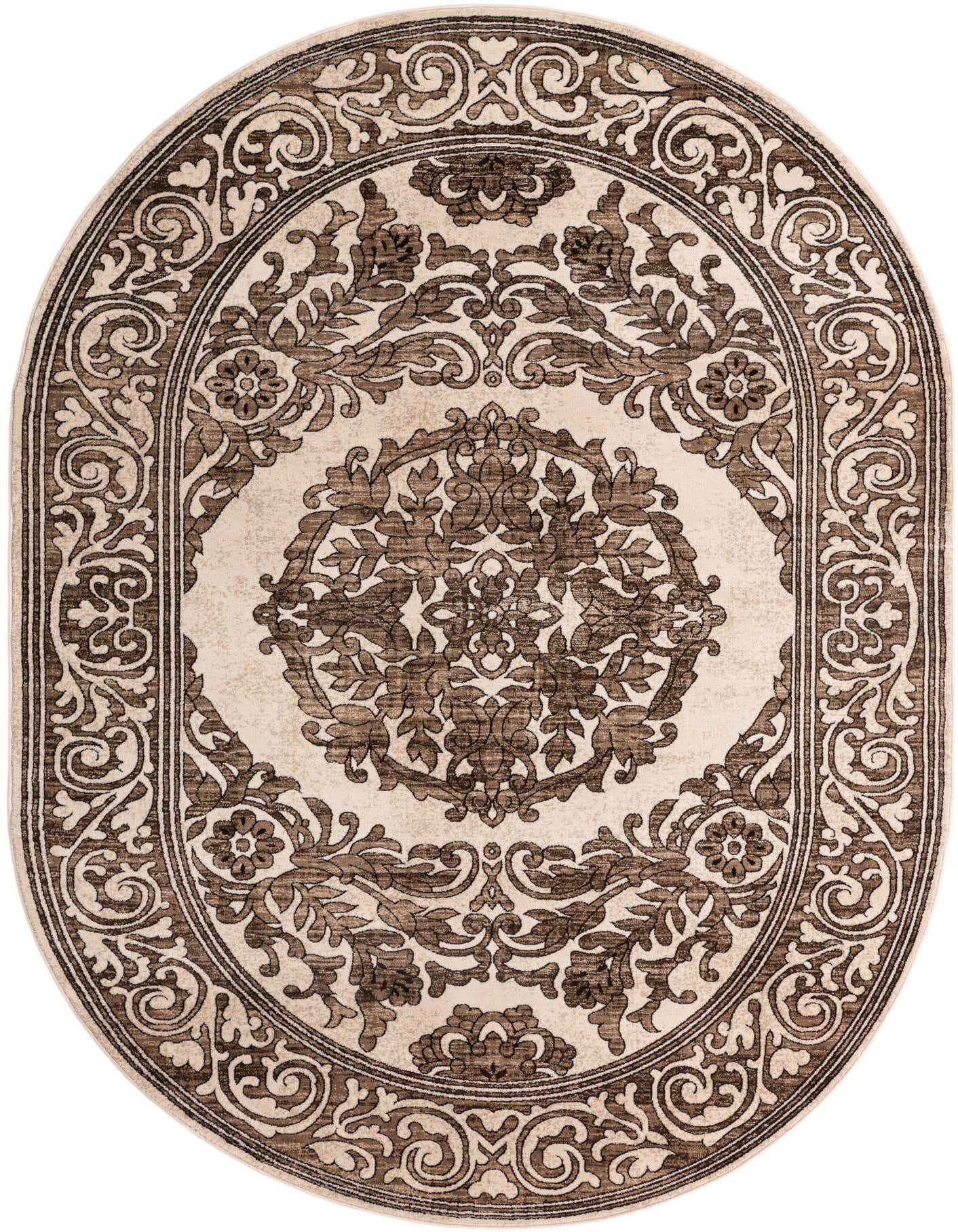 An oval 7' x 10' Rugs.com Hermitage rug featuring a vintage medallion and floral pattern in shades of brown and tan.