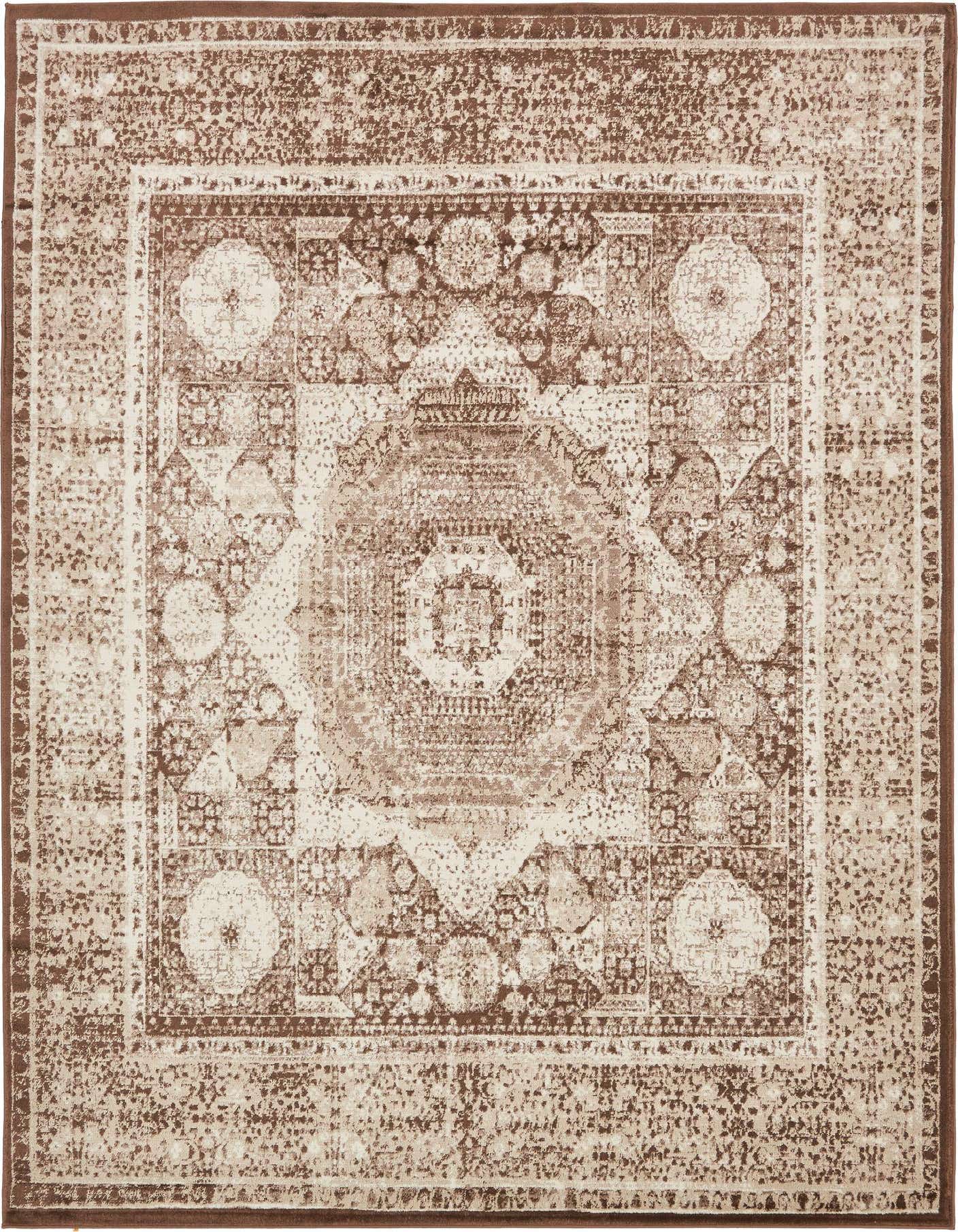 A 7x10 rectangular Rugs.com Ankara rug featuring a distressed medallion pattern in varying shades of brown and tan.