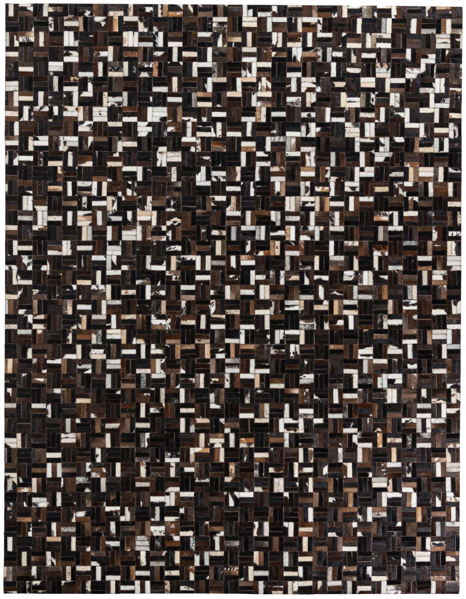 A rectangular 8x10 modern cowhide rug featuring a mosaic pattern of brown, tan, and white leather strips.
