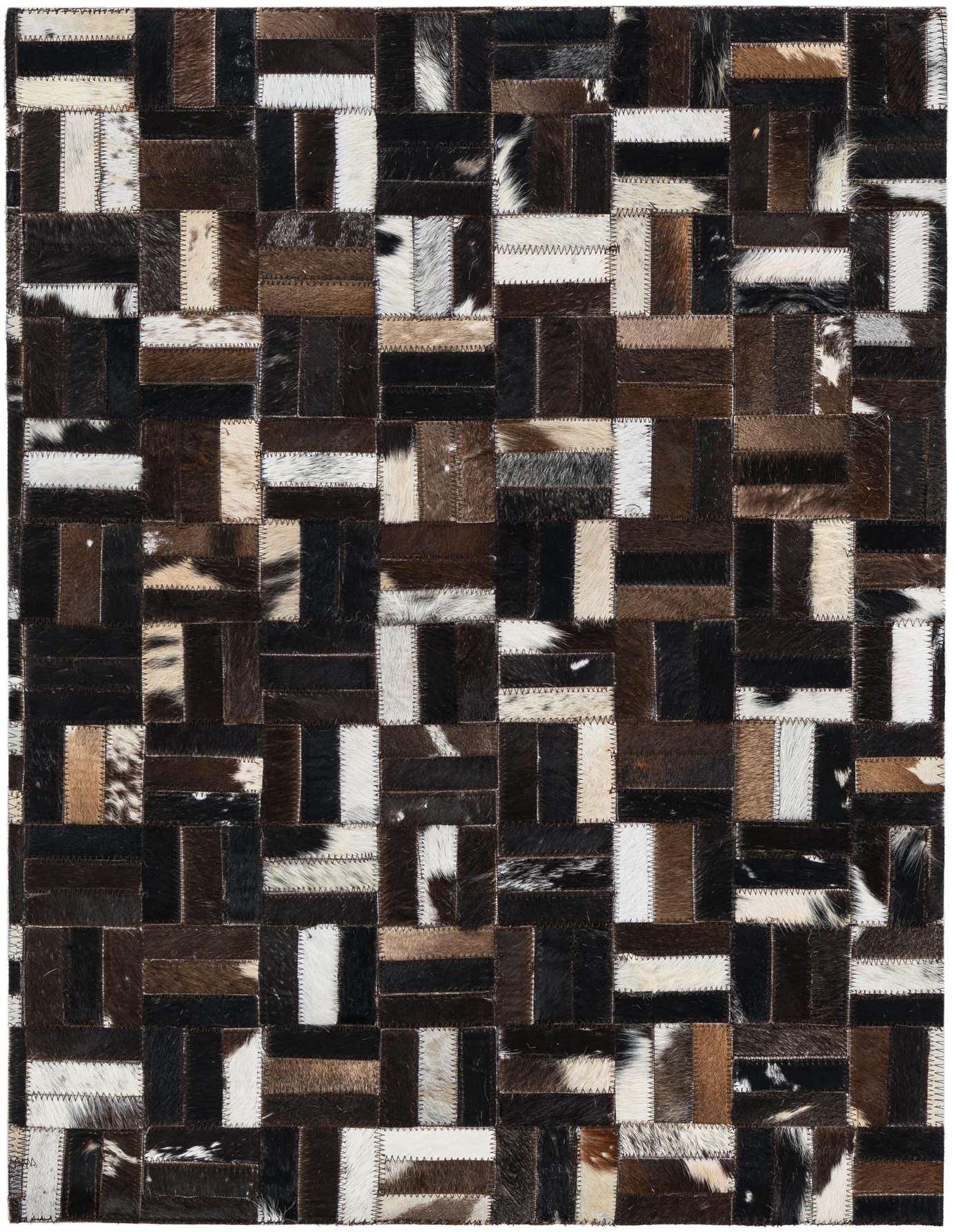 A 2x3 rectangular Cowhide Leather rug featuring a modern stripe patchwork pattern in various shades of brown, tan, black, and white.
