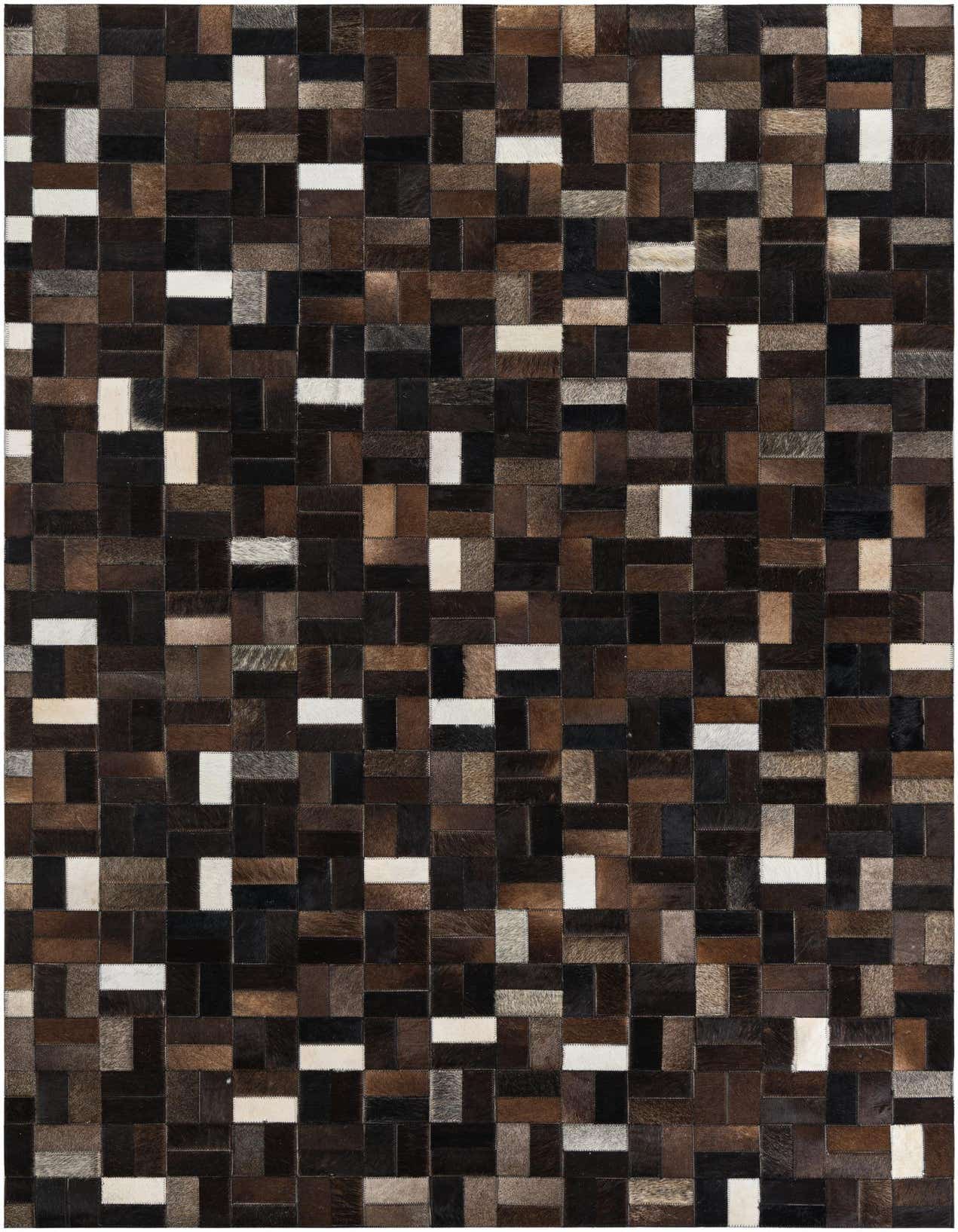 A rectangular 5x8 Cowhide Leather rug featuring a modern striped pattern in various shades of brown, tan, black, and white.