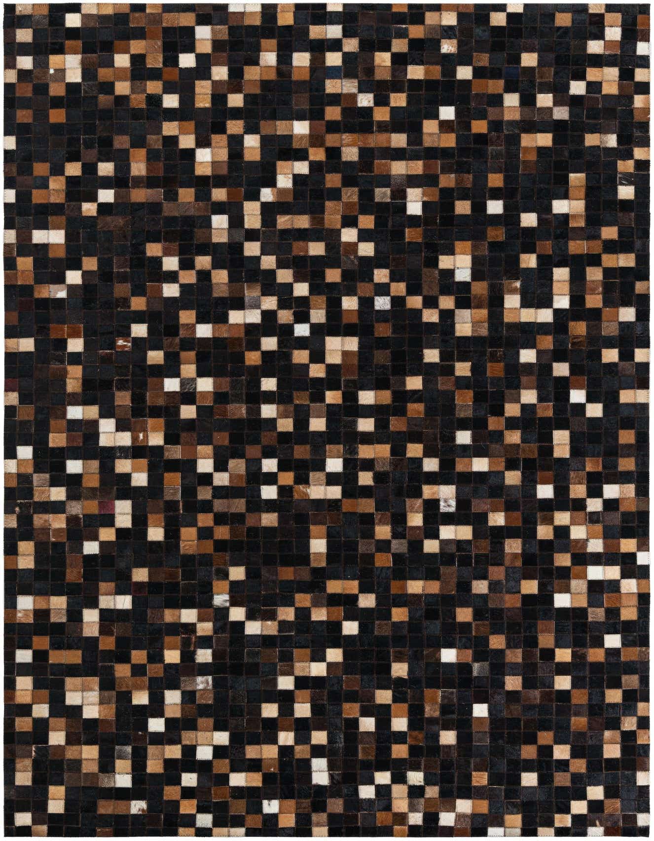 A 5x8 rectangular modern rug made from patchwork cowhide and leather in varying shades of brown, tan, and black.
