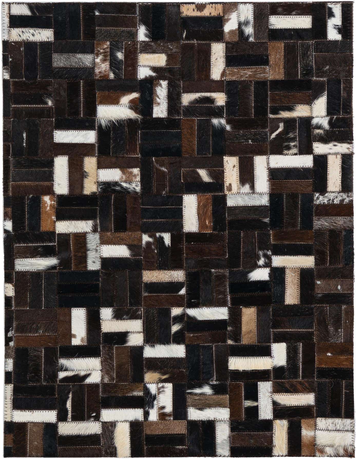 A rectangular 2x3 Cowhide Leather rug featuring a modern stripe patchwork design in various shades of brown, tan, black, and white.