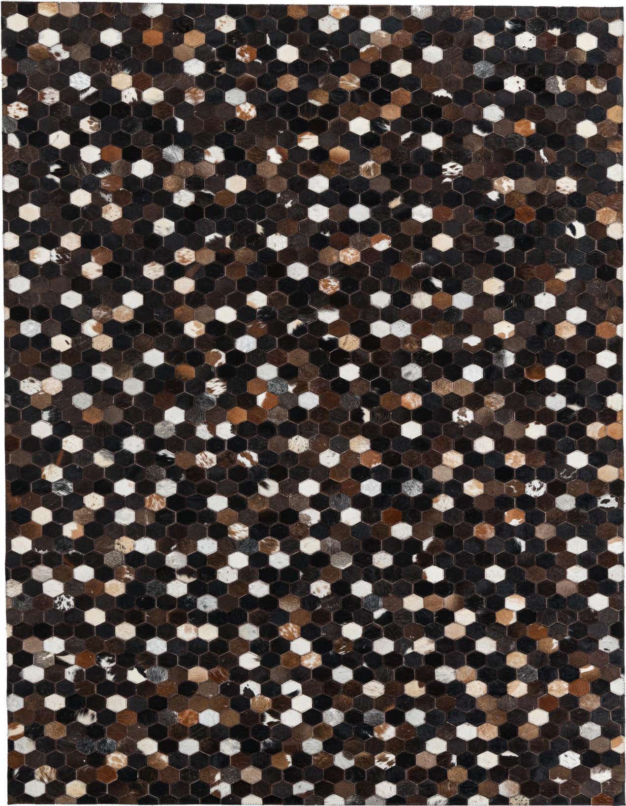A 5x8 rectangular Cowhide Leather rug featuring a modern, abstract pattern of small hexagonal patches in varying shades of brown, tan, black, and white.