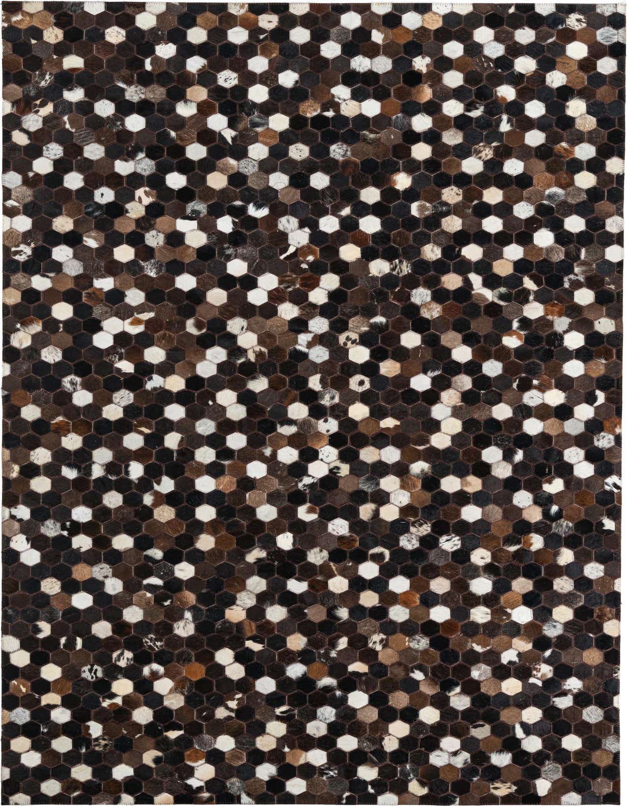 A 5x8 rectangular Cowhide Leather rug featuring a modern, abstract pattern of hexagonal patches in various shades of brown, tan, and white.