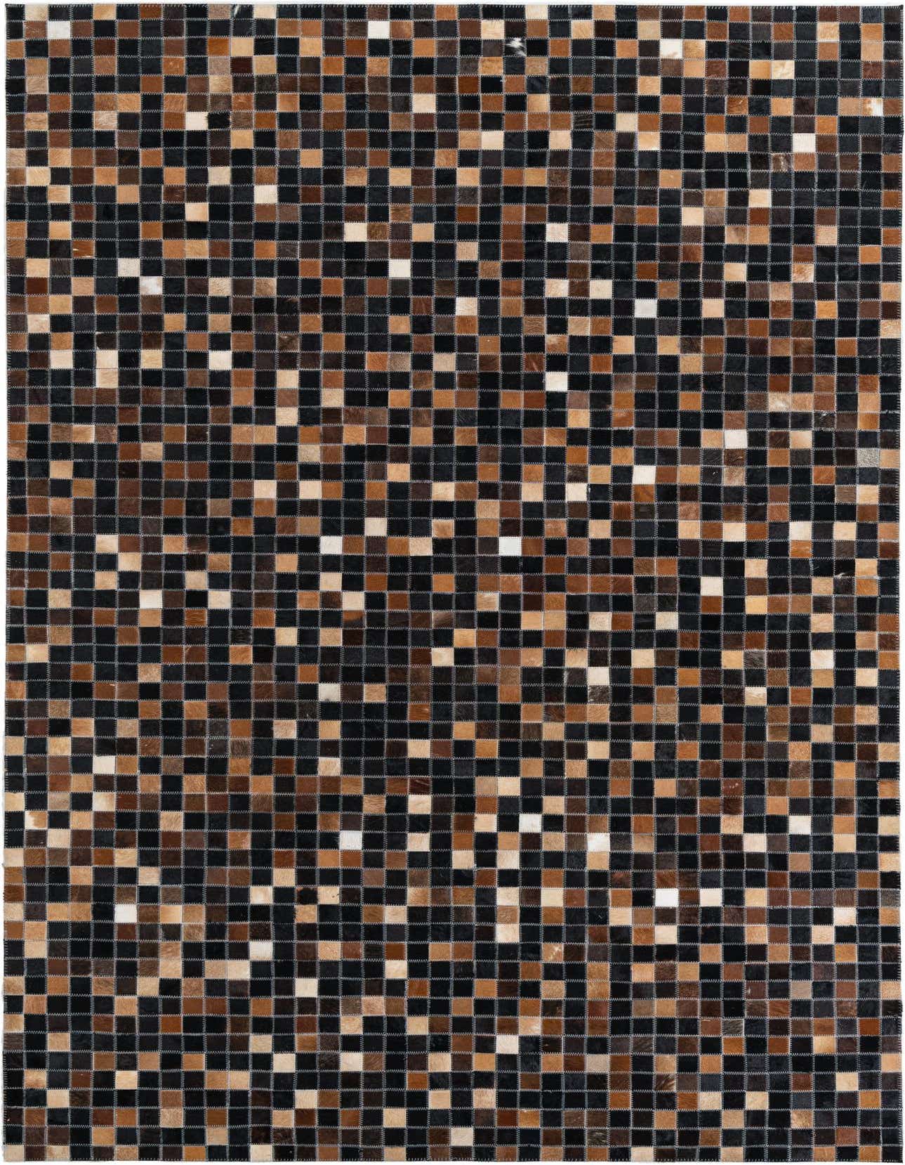 A rectangular 5x8 Cowhide Leather rug featuring a modern, abstract mosaic pattern of brown, tan, and black squares.