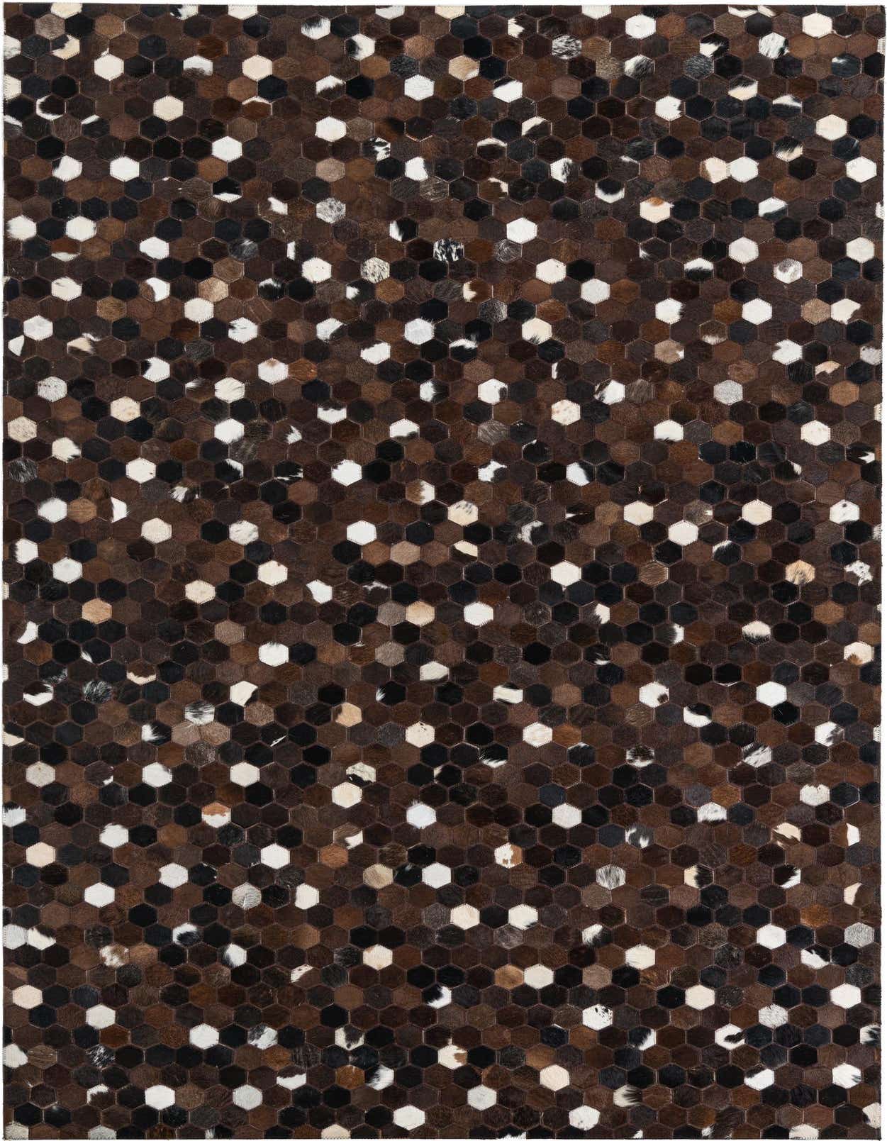 A 5x8 rectangular Cowhide Leather rug featuring a modern, abstract pattern of small hexagonal patches in varying shades of brown, tan, black, and white.