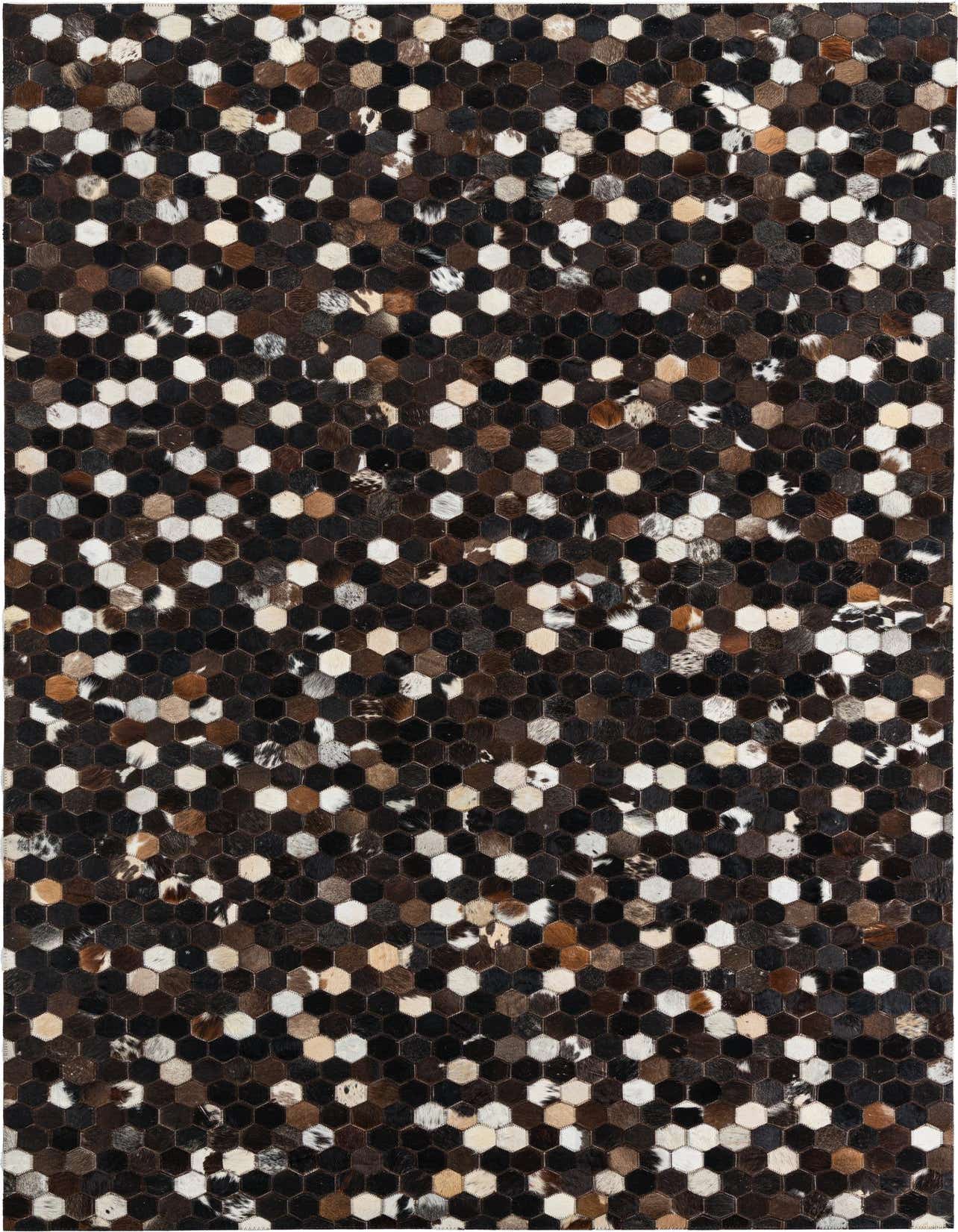 A 5x8 rectangular Cowhide Leather rug featuring a modern, abstract pattern of hexagonal patches in various shades of brown, tan, black, and white.