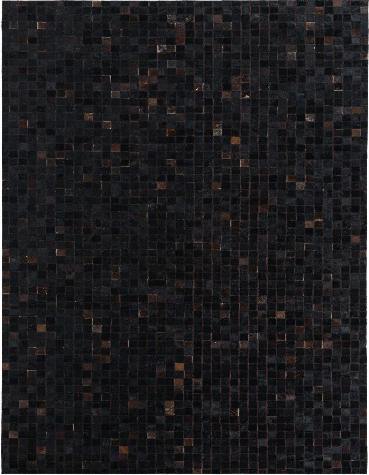 A rectangular 5x8 modern cowhide and leather rug featuring a mosaic of dark brown and tan square patches.