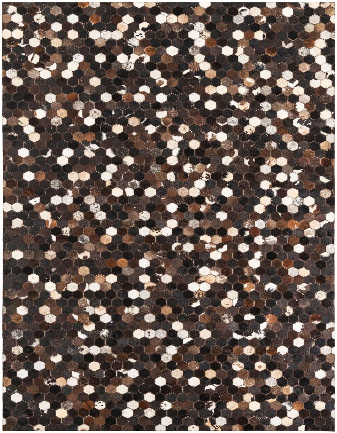 A 5x8 rectangular Cowhide Leather rug featuring a modern hexagonal pattern in various shades of brown, tan, and white.