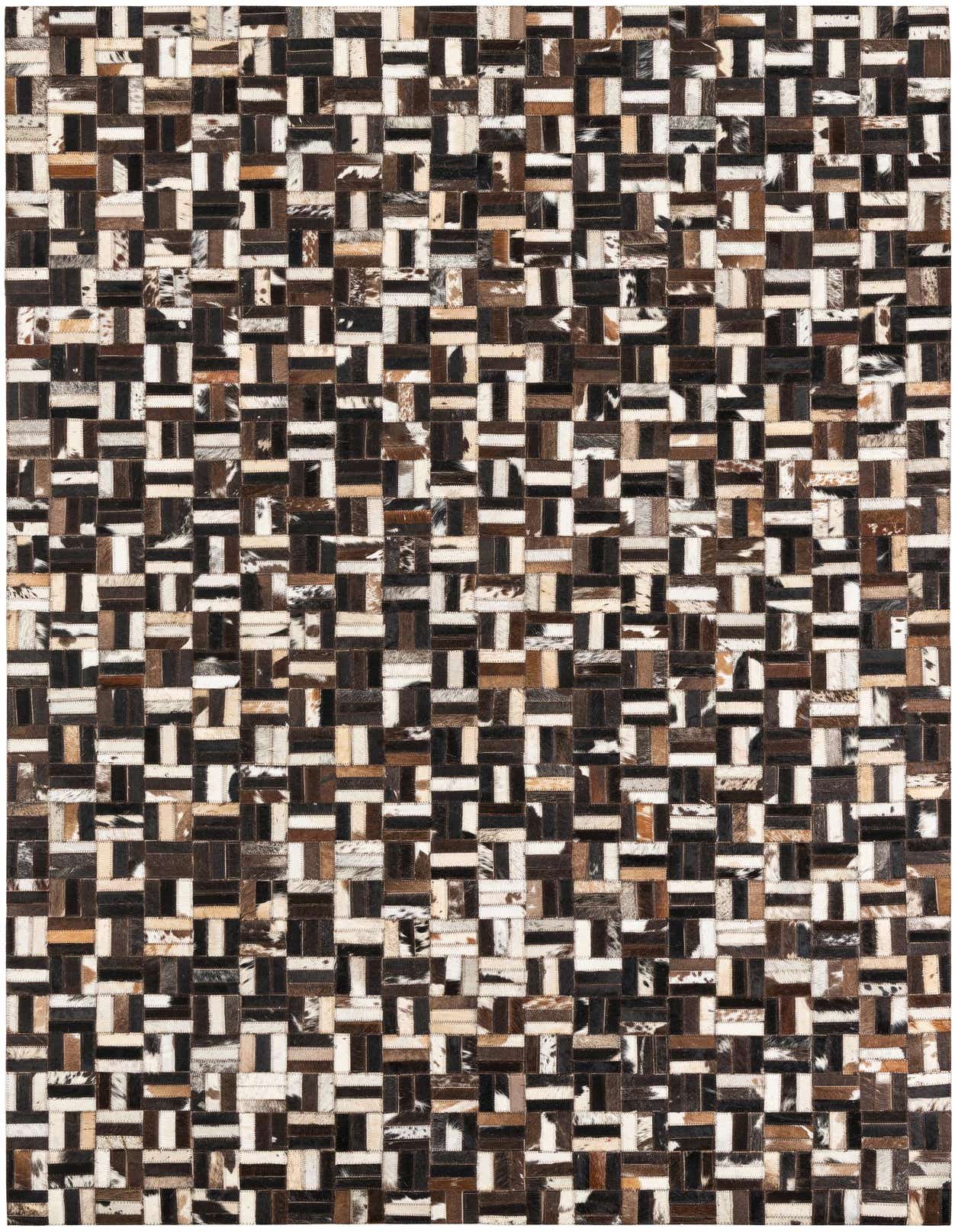 A 5x8 rectangular Cowhide Leather rug featuring a modern patchwork of brown, tan, and white cowhide squares.