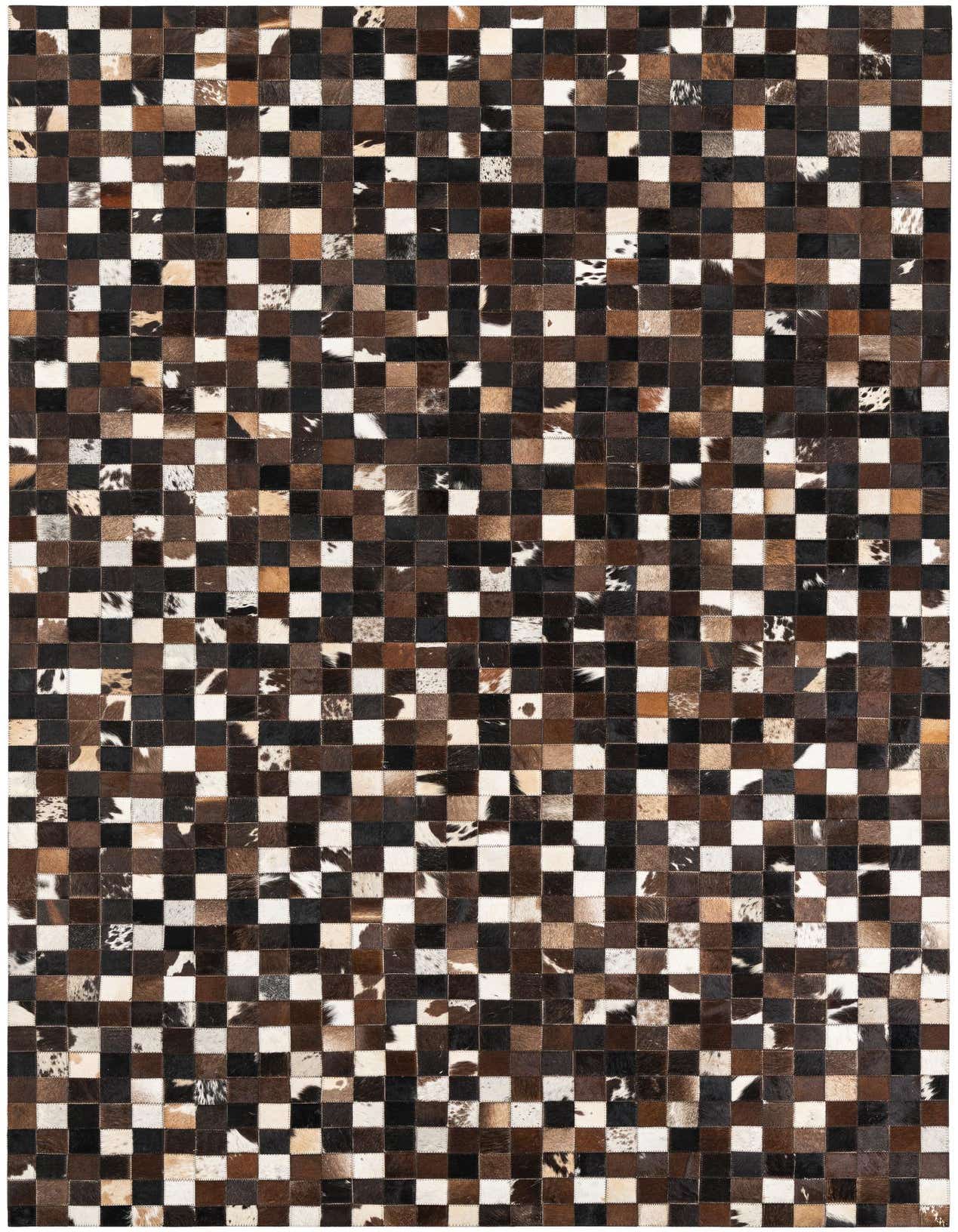 A 5x8 rectangular Cowhide Leather rug featuring a modern checkered pattern in varying shades of brown, tan, and white.