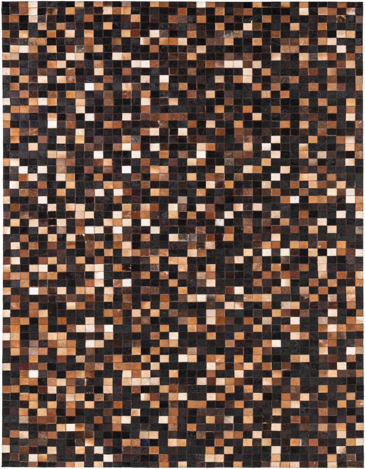 A 5x8 rectangular Cowhide & Leather rug featuring a modern patchwork of brown, tan, and black squares.