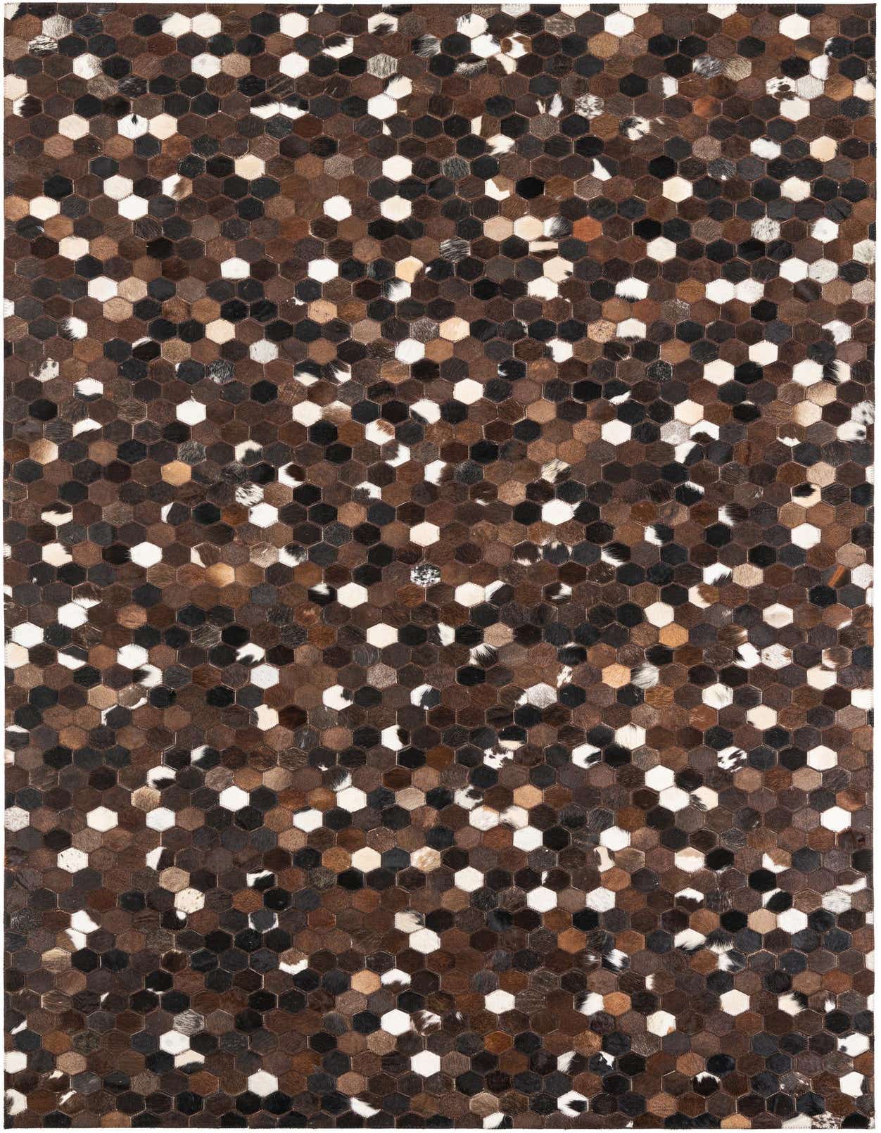 A 5x8 rectangular Cowhide Leather rug featuring a modern honeycomb pattern in various shades of brown, tan, black, and white.