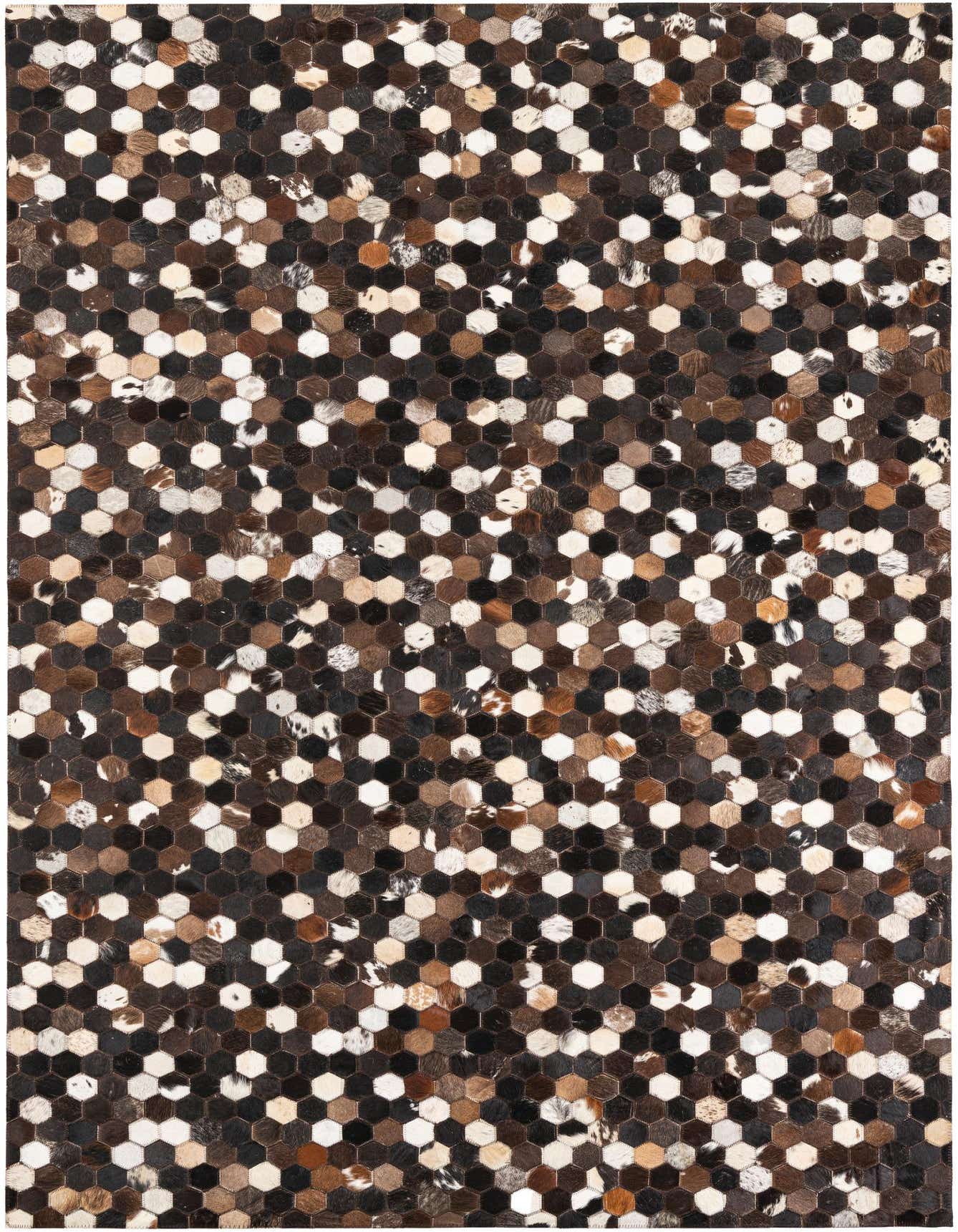 A 5x8 rectangular Cowhide Leather rug featuring a mosaic of brown, tan, black, and white hexagonal cowhide patches.