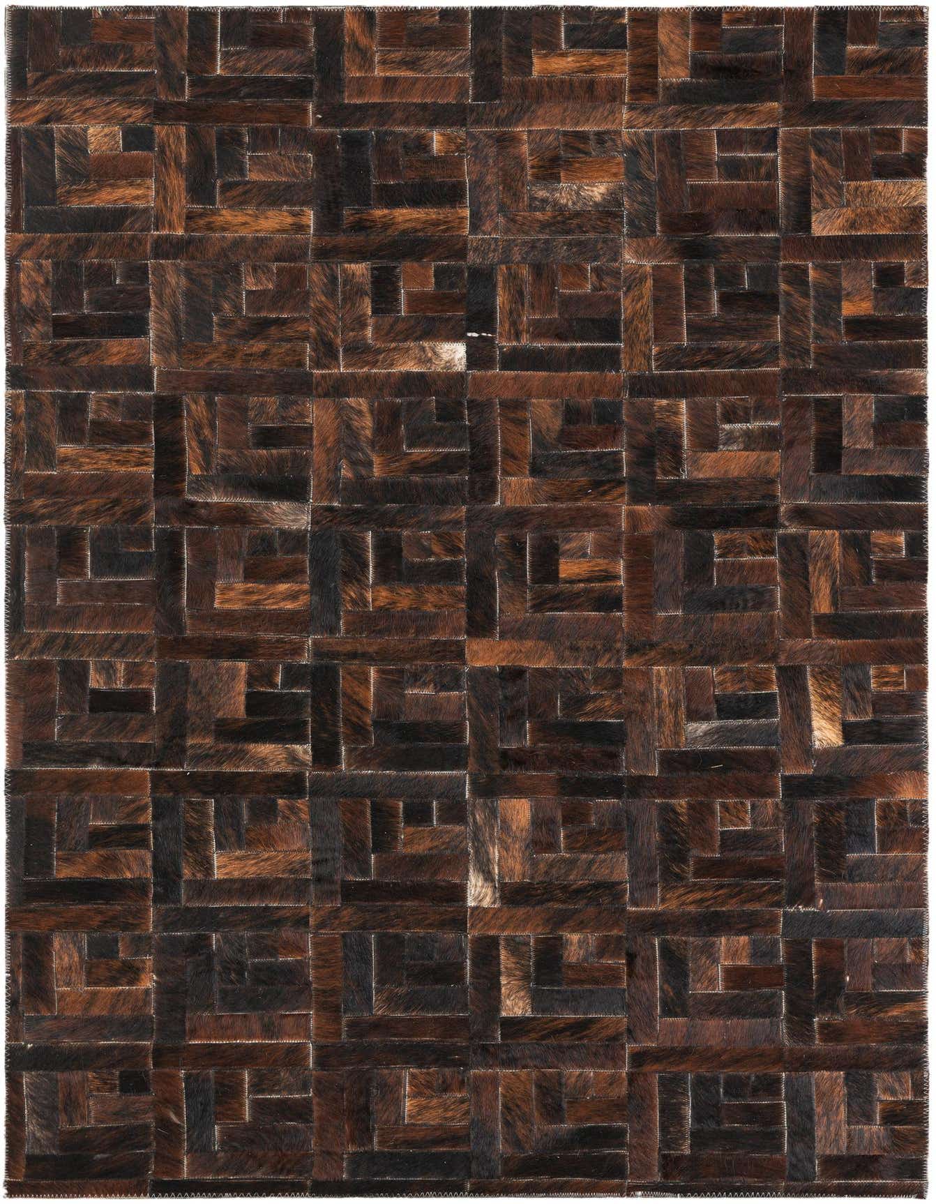 A rectangular 4x6 brown and tan cowhide rug with a modern striped geometric pattern, ideal for a living room or office.