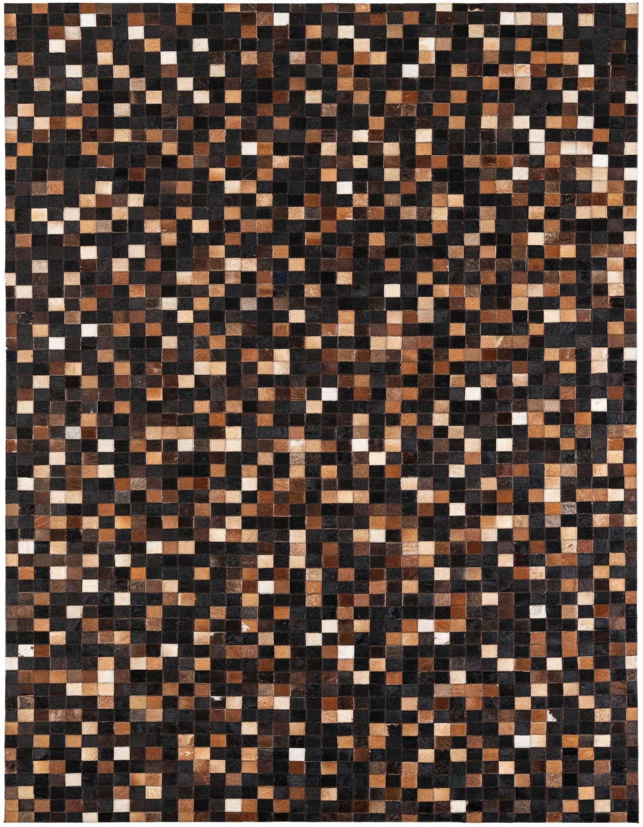 A 5x8 rectangular Cowhide Leather rug featuring a modern, abstract patchwork of brown, tan, and black squares.