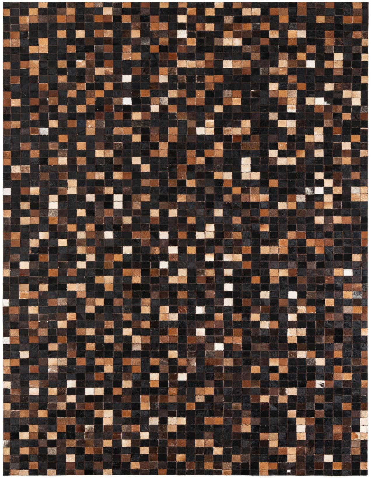 A rectangular 5x8 modern abstract rug made from cowhide and leather, featuring a mosaic of brown, tan, and black squares.