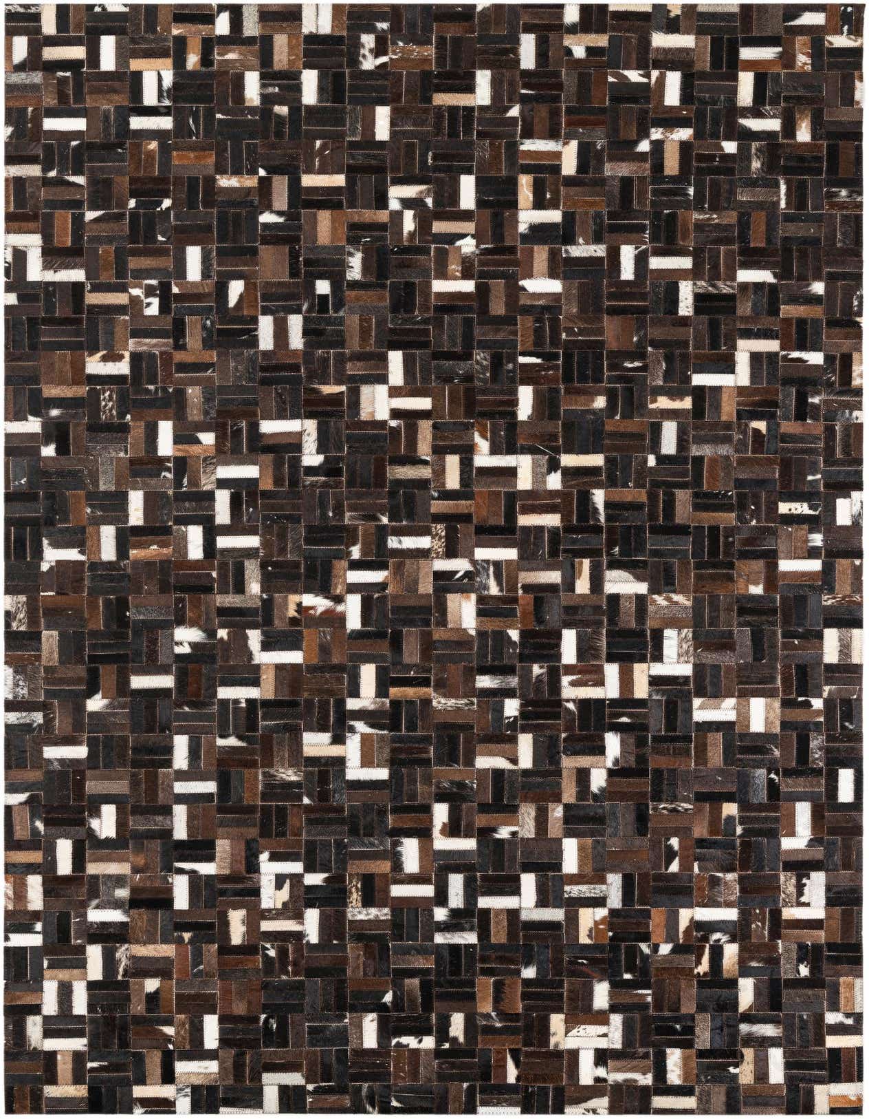 A rectangular 5x8 Cowhide Leather rug featuring a modern stripe pattern in various shades of brown, tan, and white, suitable for a living room.
