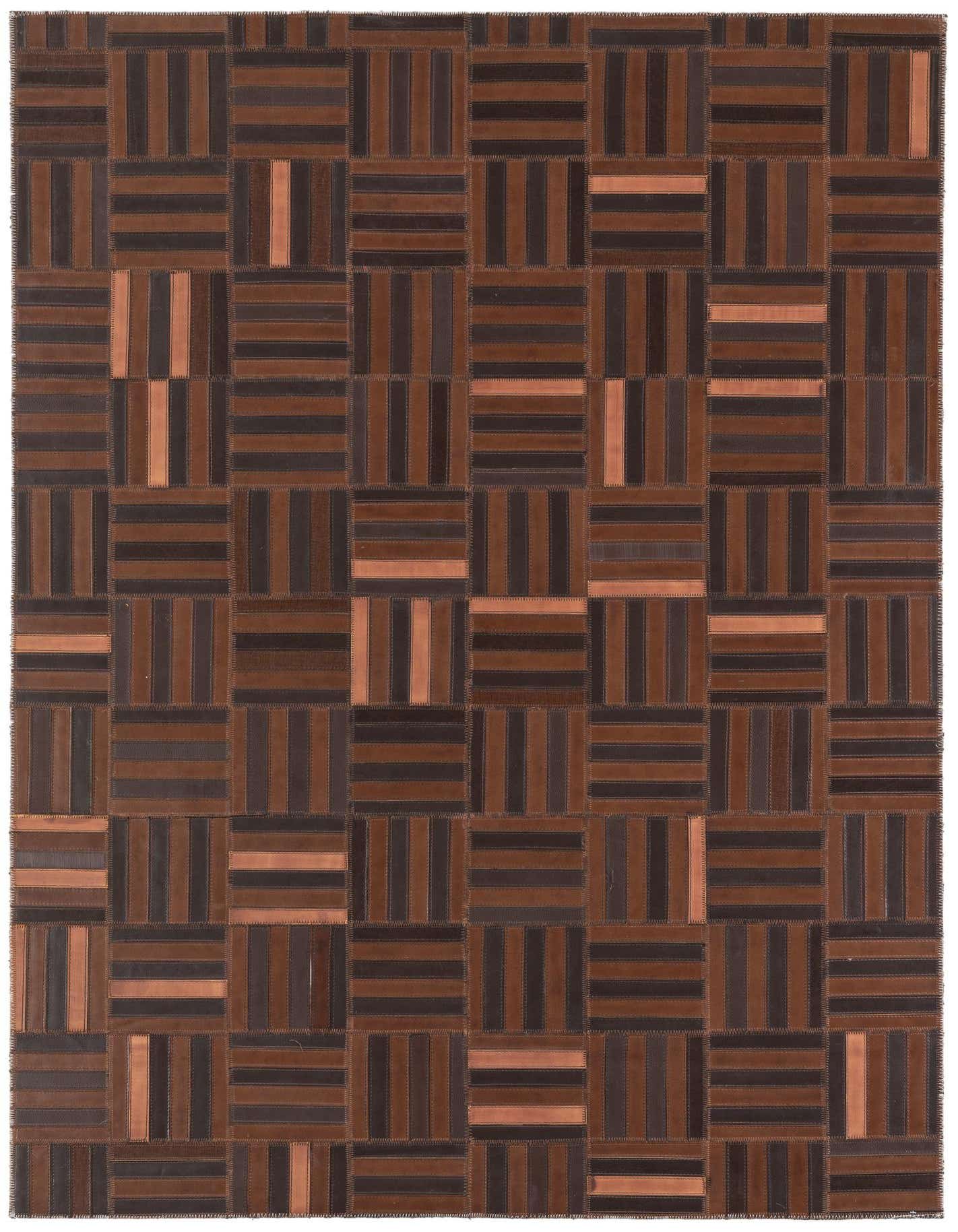 A 4x6 rectangular Cowhide Leather rug featuring a patchwork design of varying brown and tan strips.