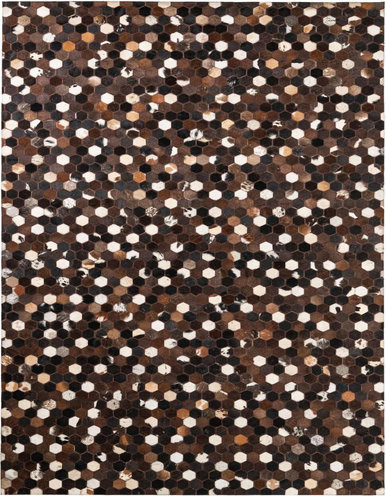 A rectangular 5x8 Cowhide Leather rug featuring a modern, abstract honeycomb pattern in varied shades of brown, tan, black, and white.