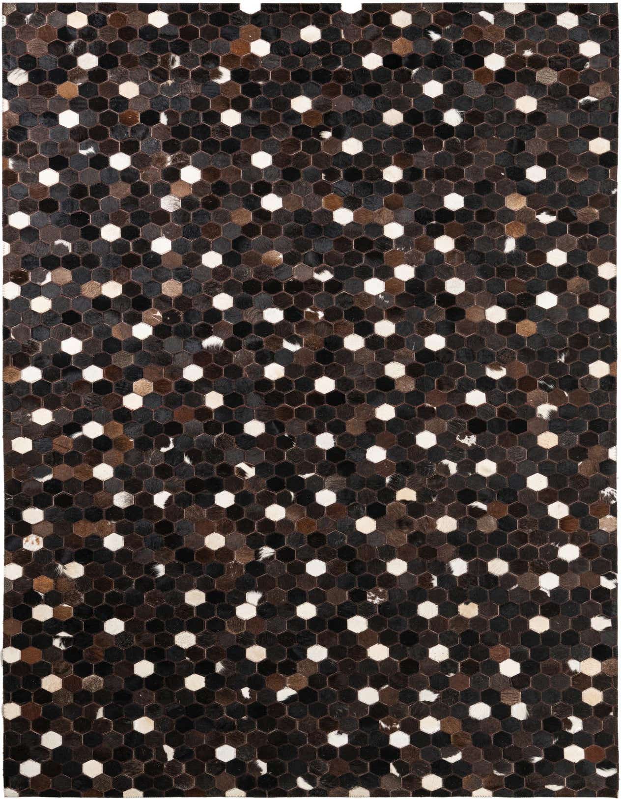 A 5x8 rectangular Cowhide Leather rug featuring a modern, abstract honeycomb pattern in varied browns, tans, and white.