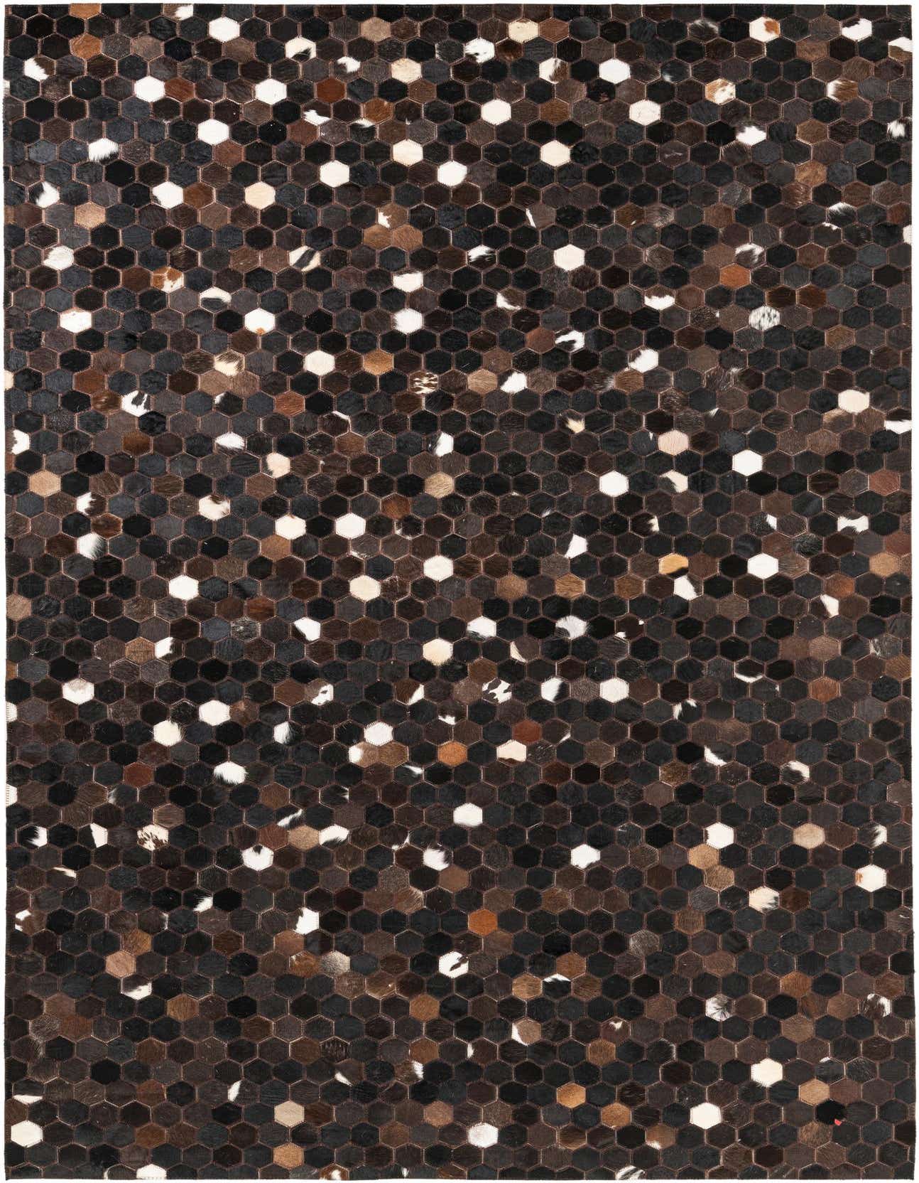 A 5x8 rectangular Cowhide Leather rug featuring a modern, abstract pattern of hexagonal patches in varying shades of brown, tan, black, and white.