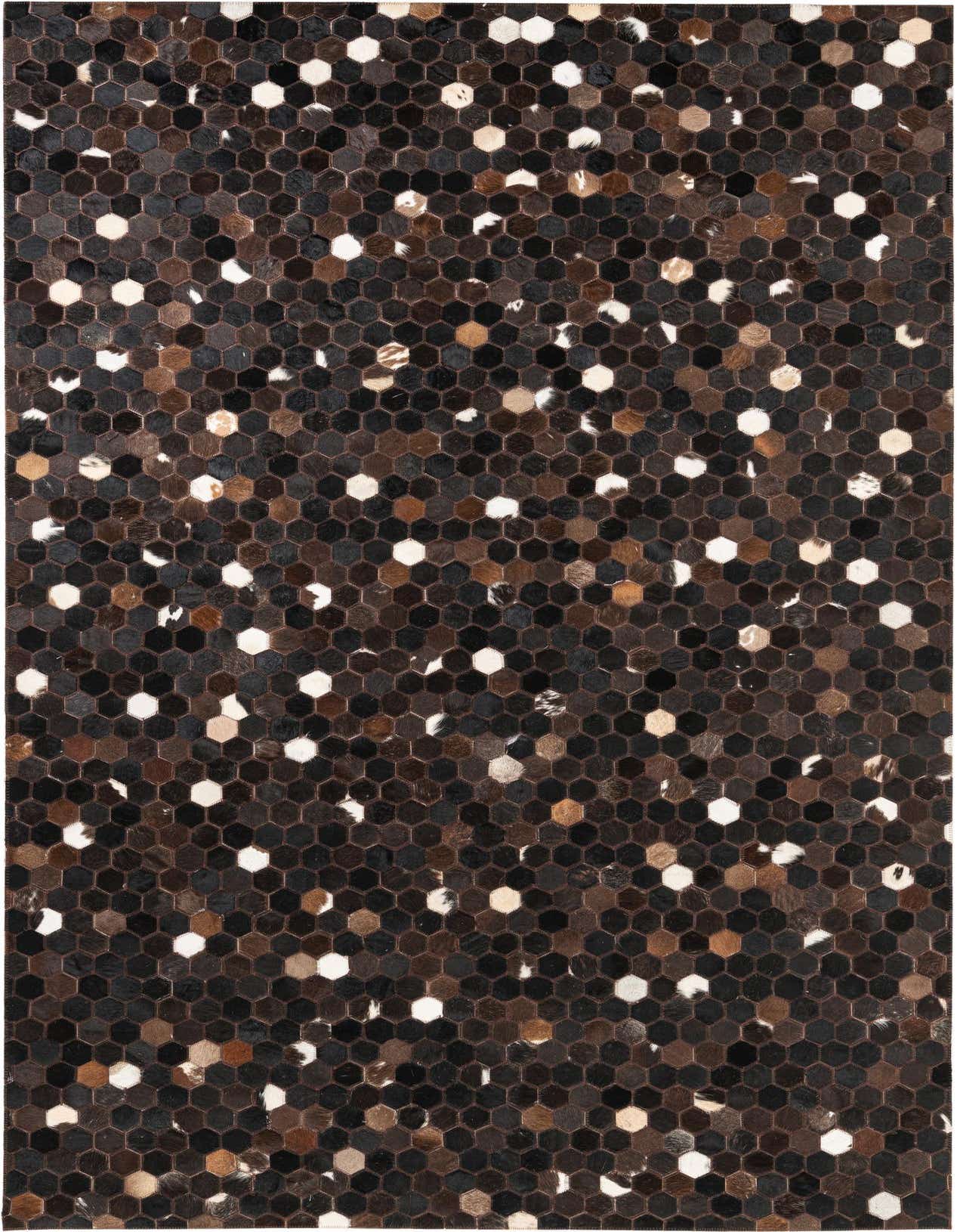 A 5x8 rectangular Cowhide Leather rug featuring a modern, abstract pattern of hexagonal patches in varying shades of brown, tan, black, and white.
