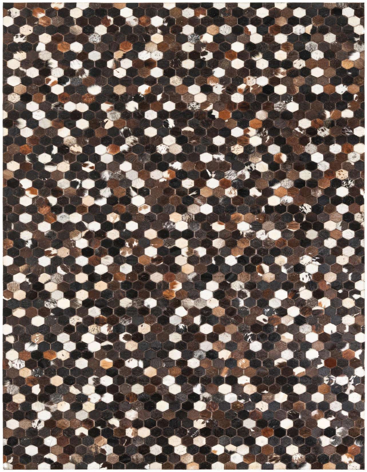 A 5x8 rectangular Cowhide Leather rug featuring a modern abstract pattern of small hexagonal patches in varying shades of brown, tan, and white.