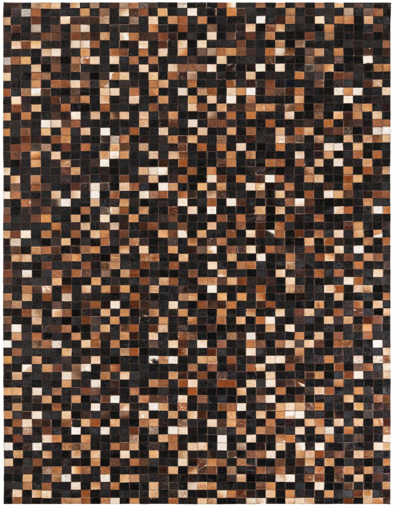 A 5x8 rectangular Cowhide Leather rug featuring a modern, abstract patchwork of brown, tan, and black squares.
