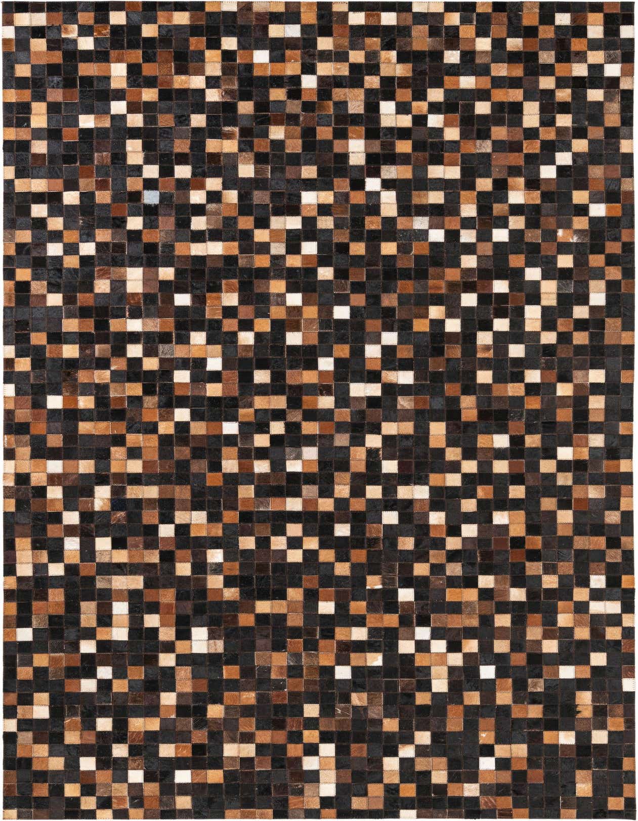 A 5x8 rectangular Cowhide Leather rug featuring a modern, abstract patchwork of brown, tan, and black squares.