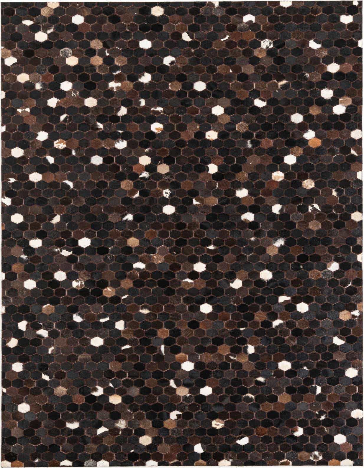 A 5x8 rectangular Cowhide Leather rug featuring a modern, abstract pattern of brown, tan, black, and white hexagonal patches.