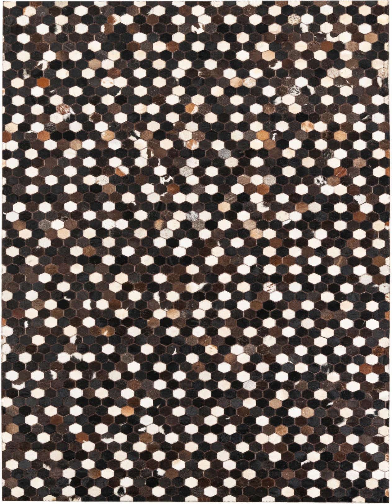 A 5x8 rectangular Cowhide Leather rug featuring a modern, abstract hexagonal pattern in various shades of brown, tan, and cream.