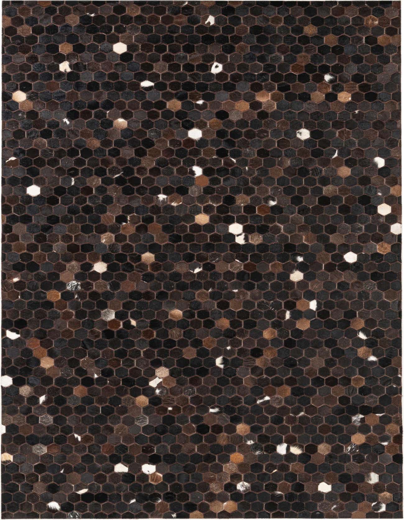 A 5x8 rectangular Cowhide Leather rug featuring a modern, abstract pattern of small hexagonal tiles in various shades of brown, tan, black, and white.